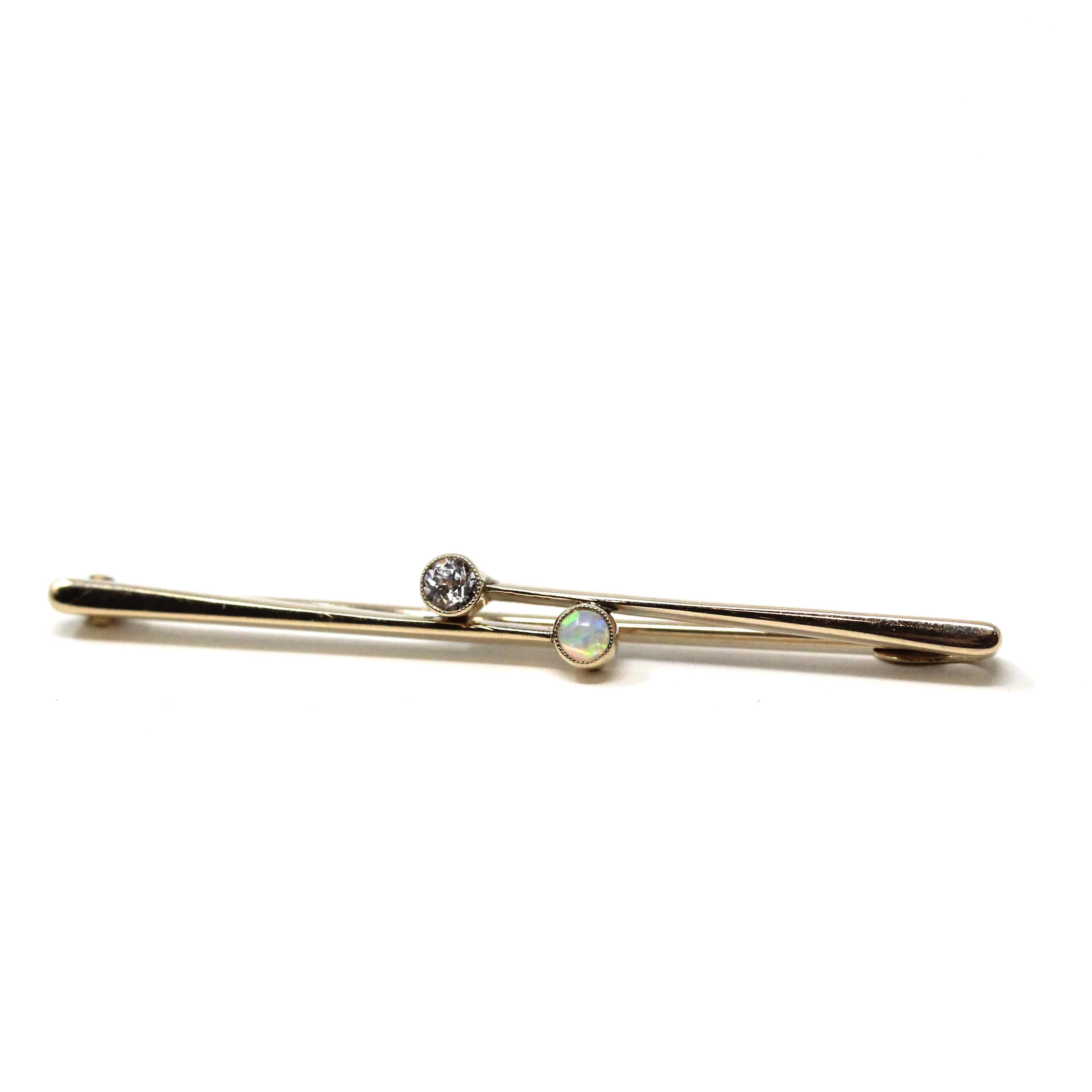 Opal & Created Sapphire Brooch - Edwardian 9ct Yellow Gold Cab Stone - Antique Circa 1900s Era Dainty Gemstone Statement Pin Fine Accessory