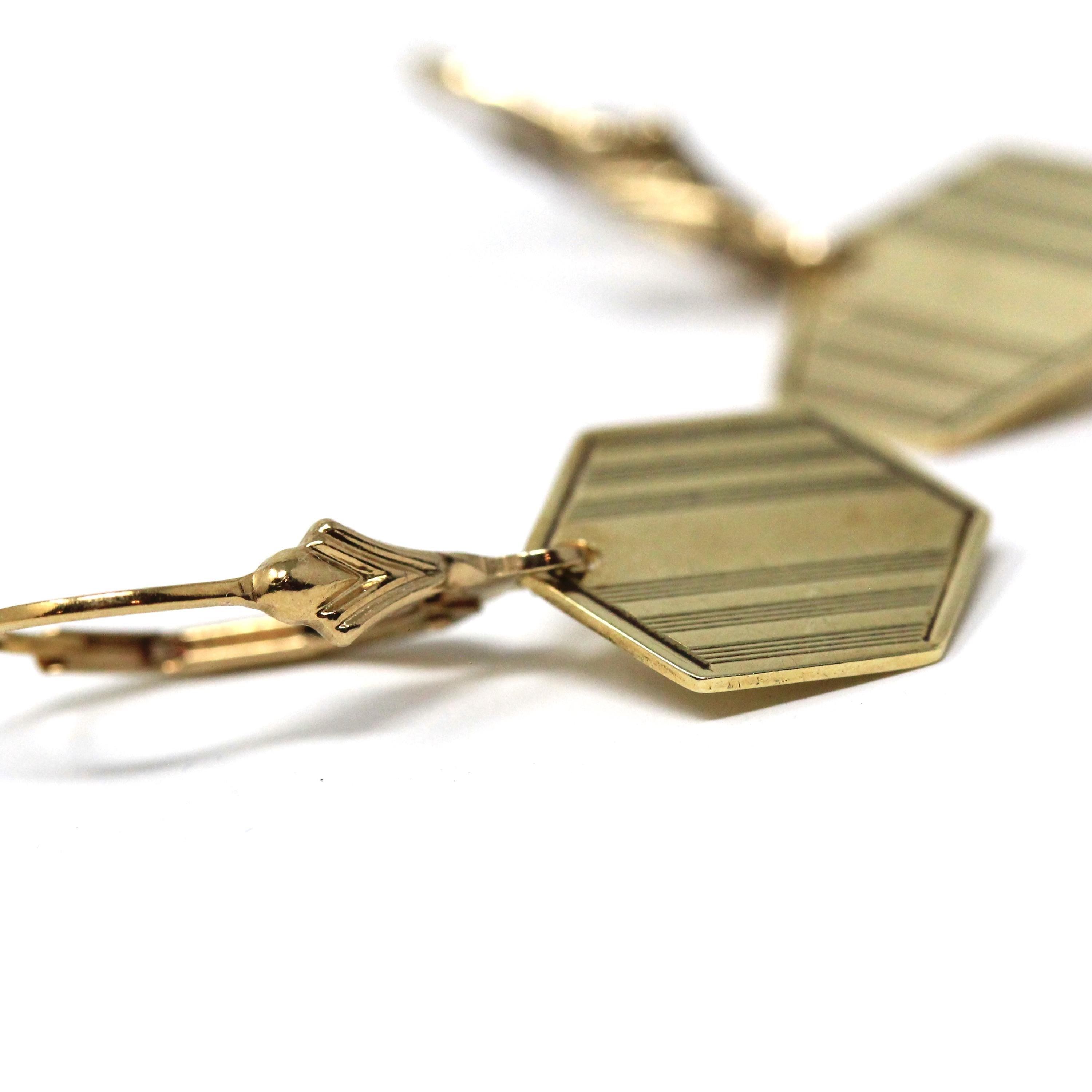 Antique Hexagon Earrings - Edwardian 14k Yellow Gold Dangle Drop Wire Leverback - Vintage 1910s Cufflink Conversion Geometric Fine Jewelry