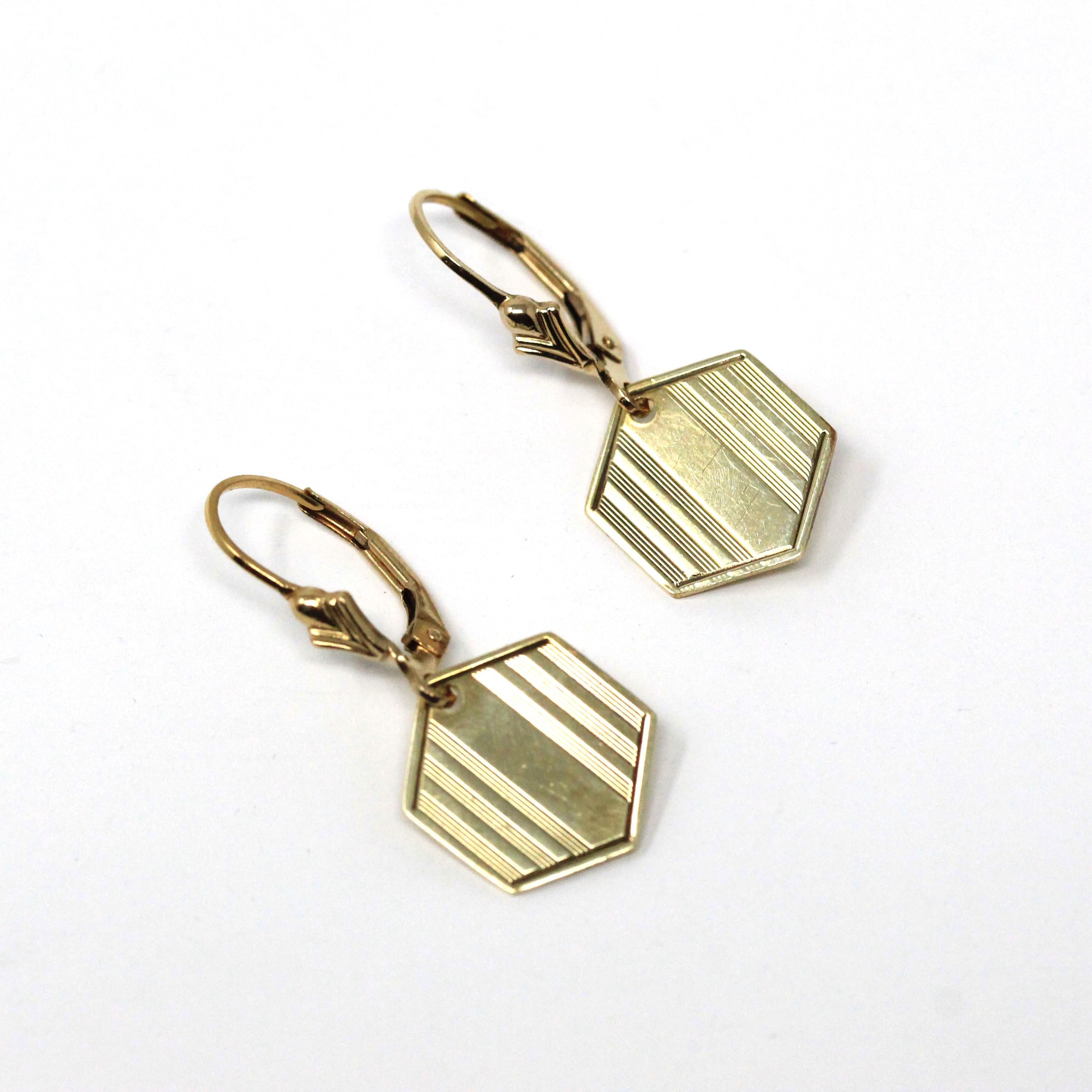 Antique Hexagon Earrings - Edwardian 14k Yellow Gold Dangle Drop Wire Leverback - Vintage 1910s Cufflink Conversion Geometric Fine Jewelry