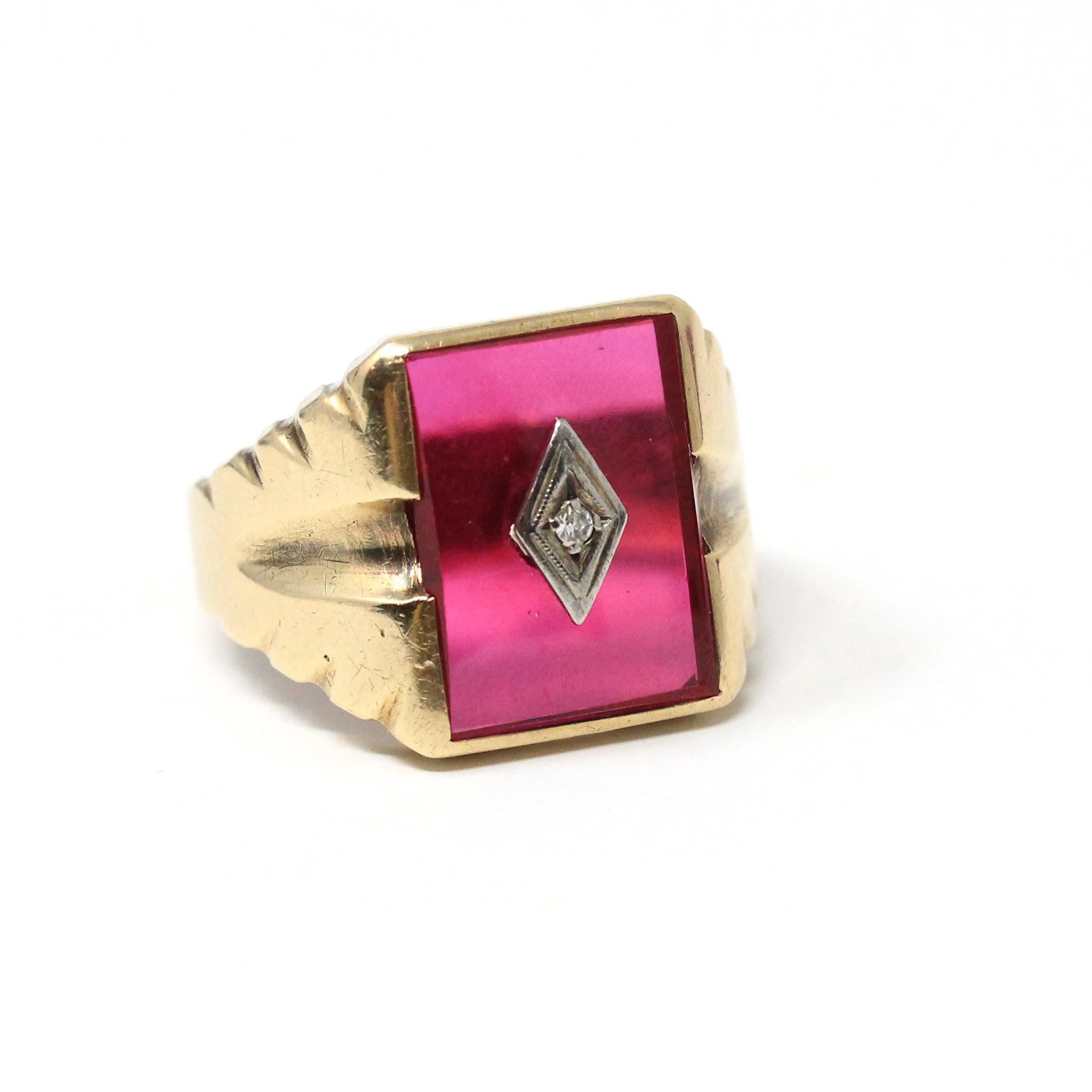 Created Ruby Ring - Mid Century 10k Yellow Gold Natural Diamond July Birthstone - Vintage Circa 1940s Era Size 10 3/4 Statement Fine Jewelry
