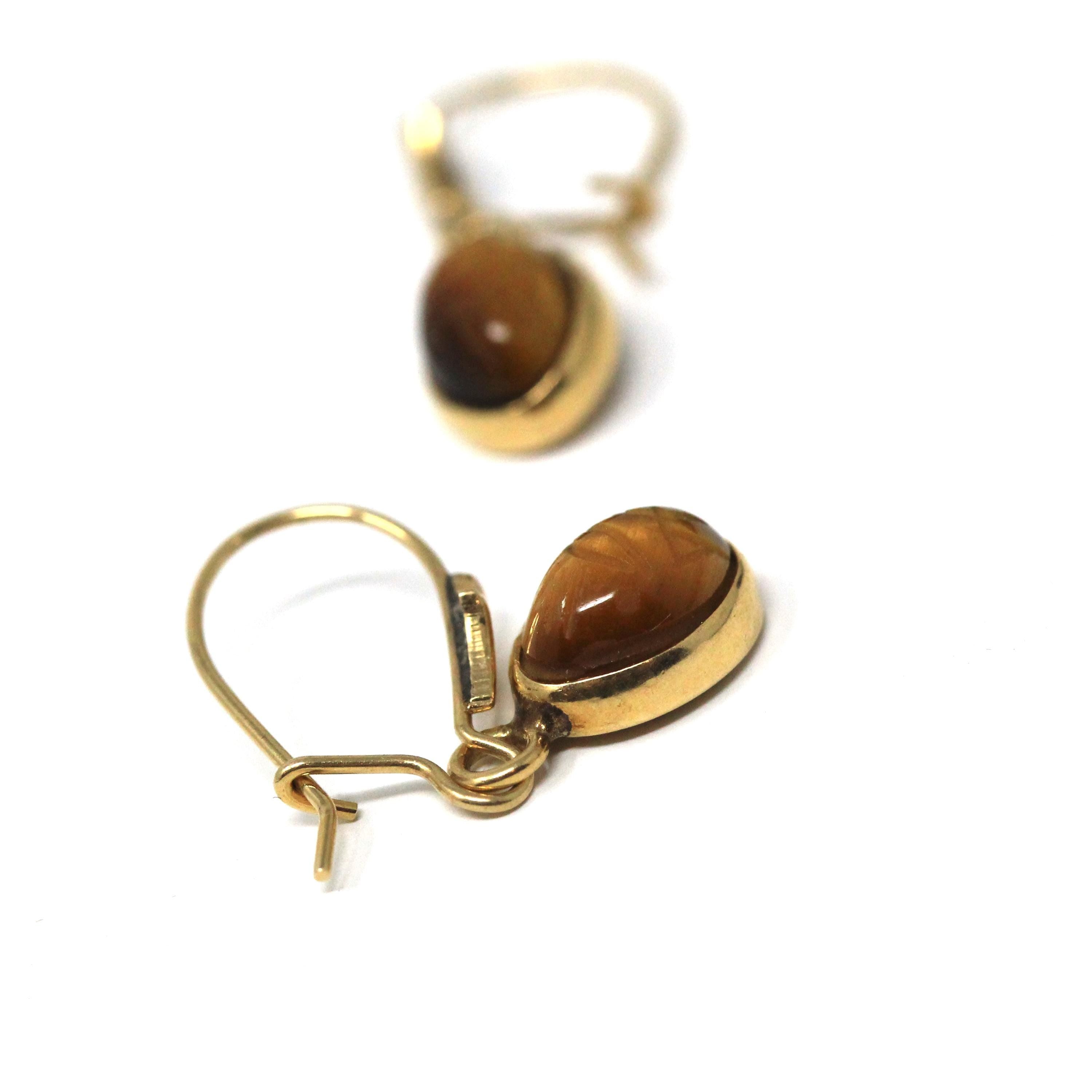Tiger's Eye Earrings - Retro 14k Yellow Gold Natural Carved Gemstones Wire Backs - Vintage Circa 1960s Era Egyptian Revival Fine 60s Jewelry