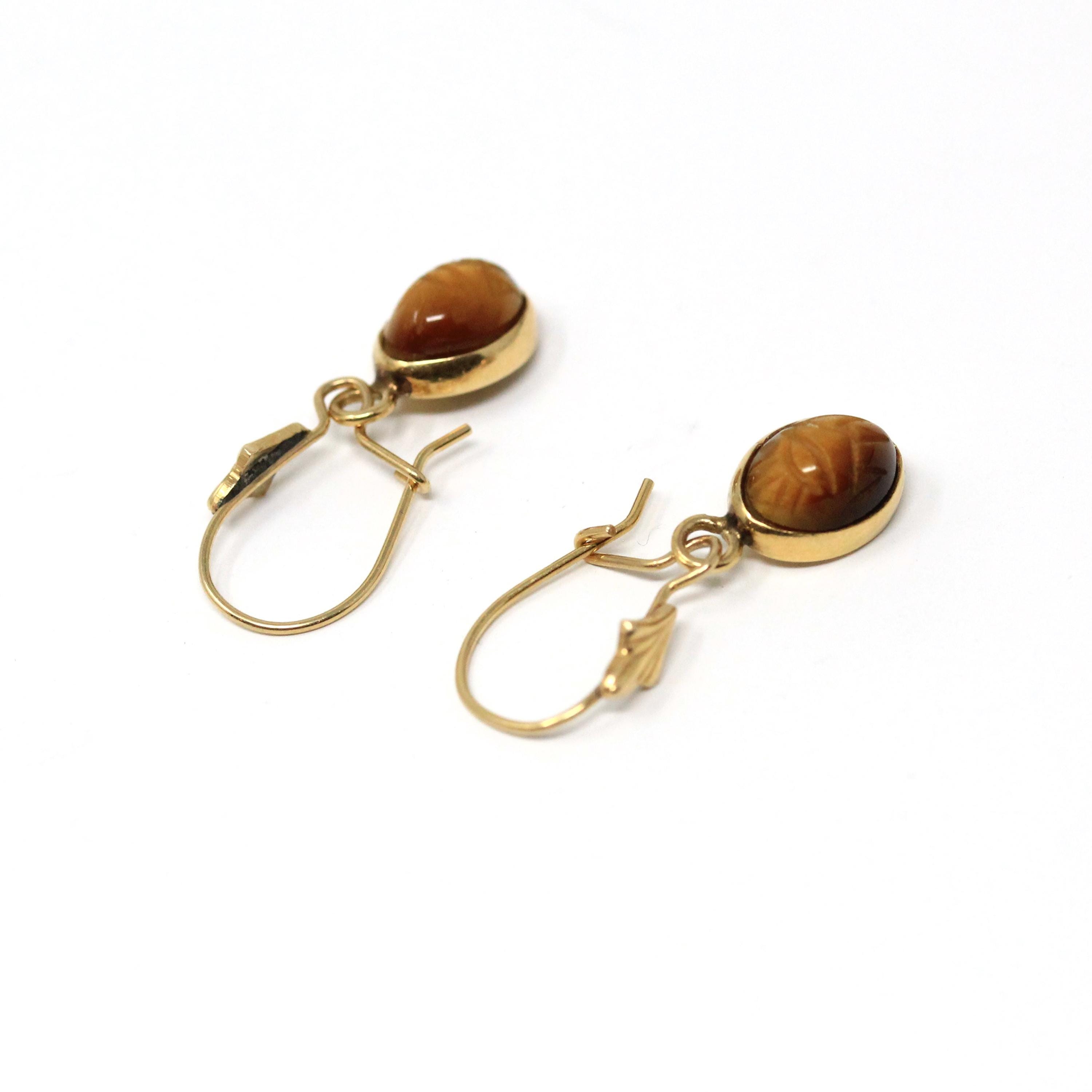 Tiger's Eye Earrings - Retro 14k Yellow Gold Natural Carved Gemstones Wire Backs - Vintage Circa 1960s Era Egyptian Revival Fine 60s Jewelry