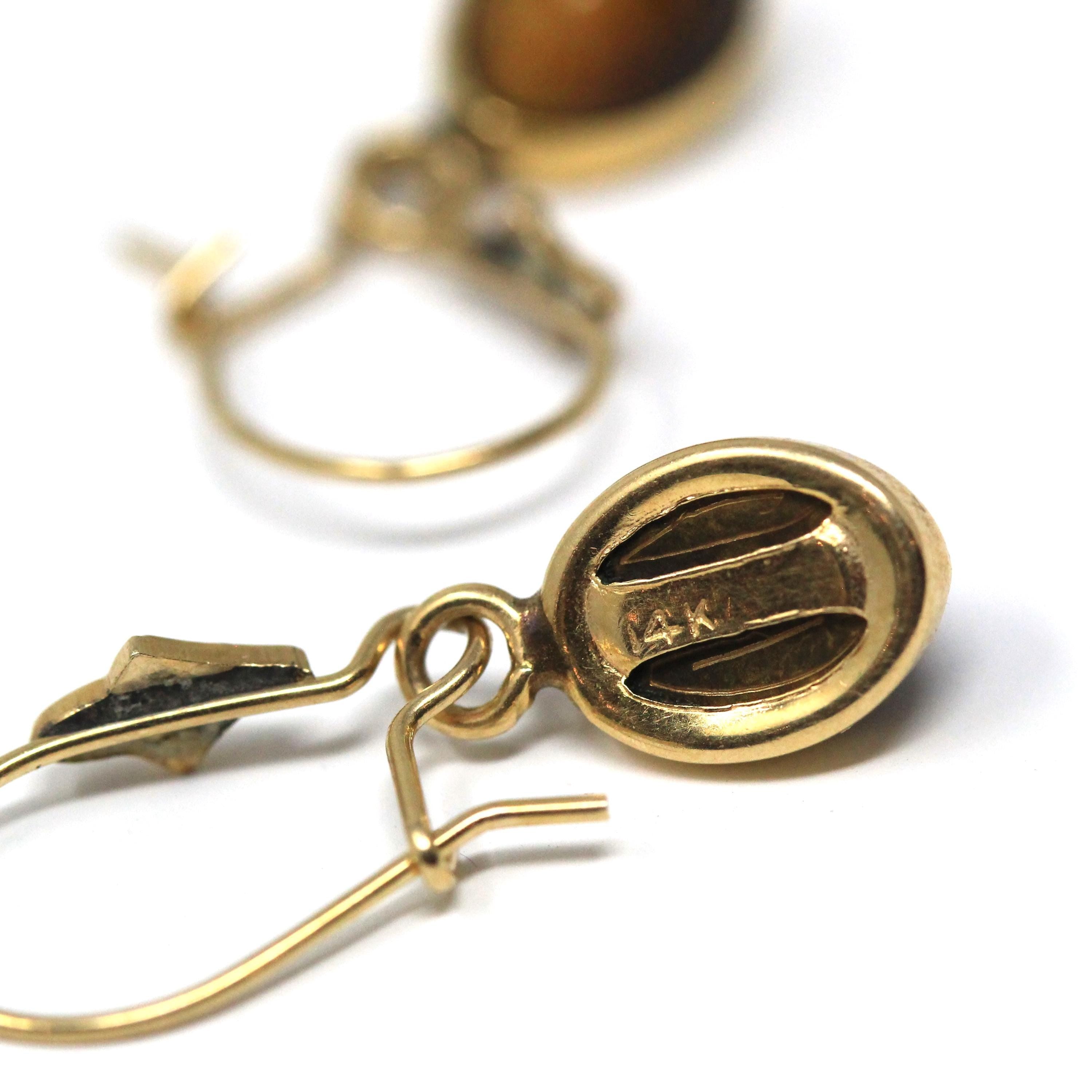 Tiger's Eye Earrings - Retro 14k Yellow Gold Natural Carved Gemstones Wire Backs - Vintage Circa 1960s Era Egyptian Revival Fine 60s Jewelry