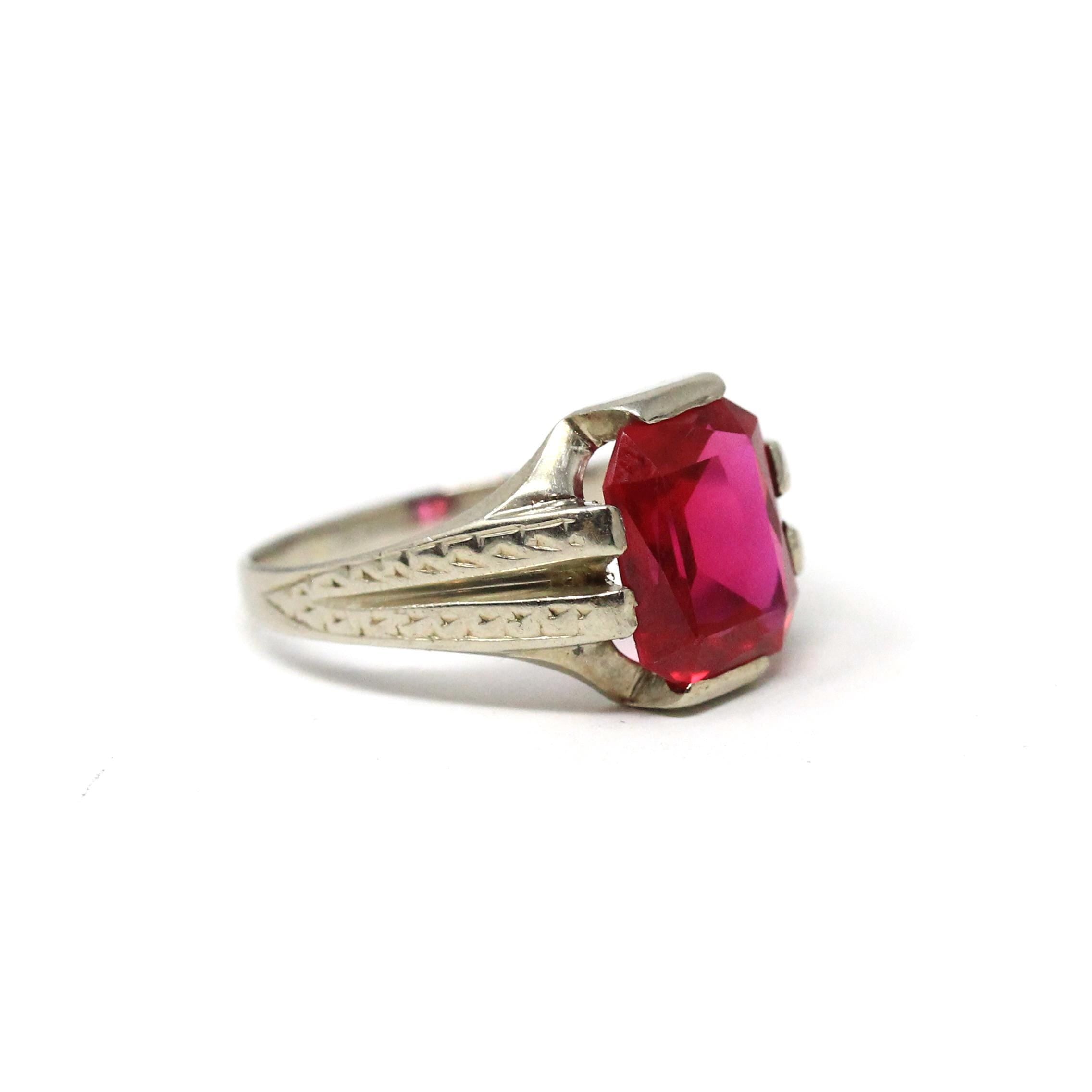 Created Ruby Ring - Art Deco 14k White Gold Emerald Cut Red Gemstone - Vintage Circa 1930s Size 7 1/2 July Birthstone Solitaire Fine Jewelry