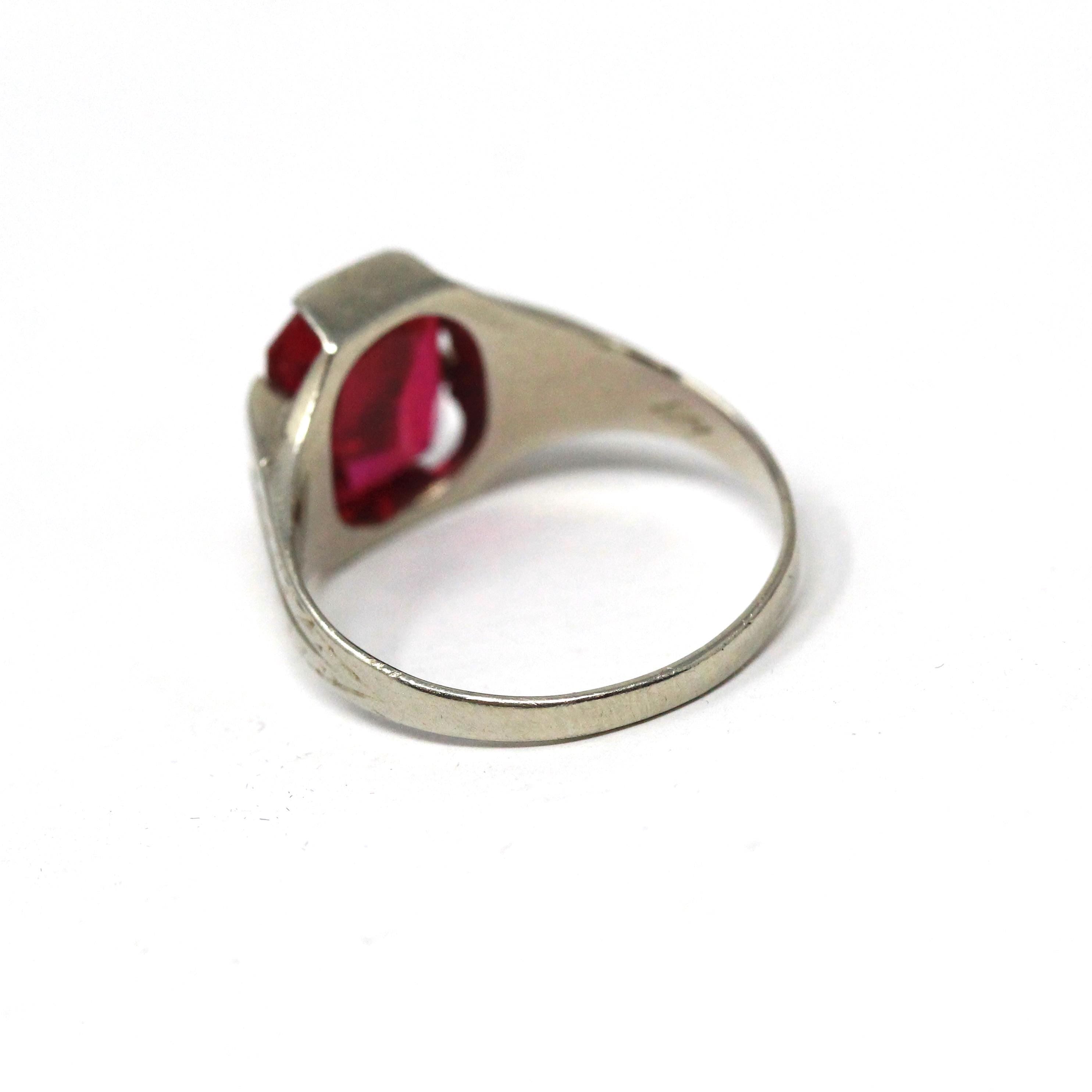 Created Ruby Ring - Art Deco 14k White Gold Emerald Cut Red Gemstone - Vintage Circa 1930s Size 7 1/2 July Birthstone Solitaire Fine Jewelry