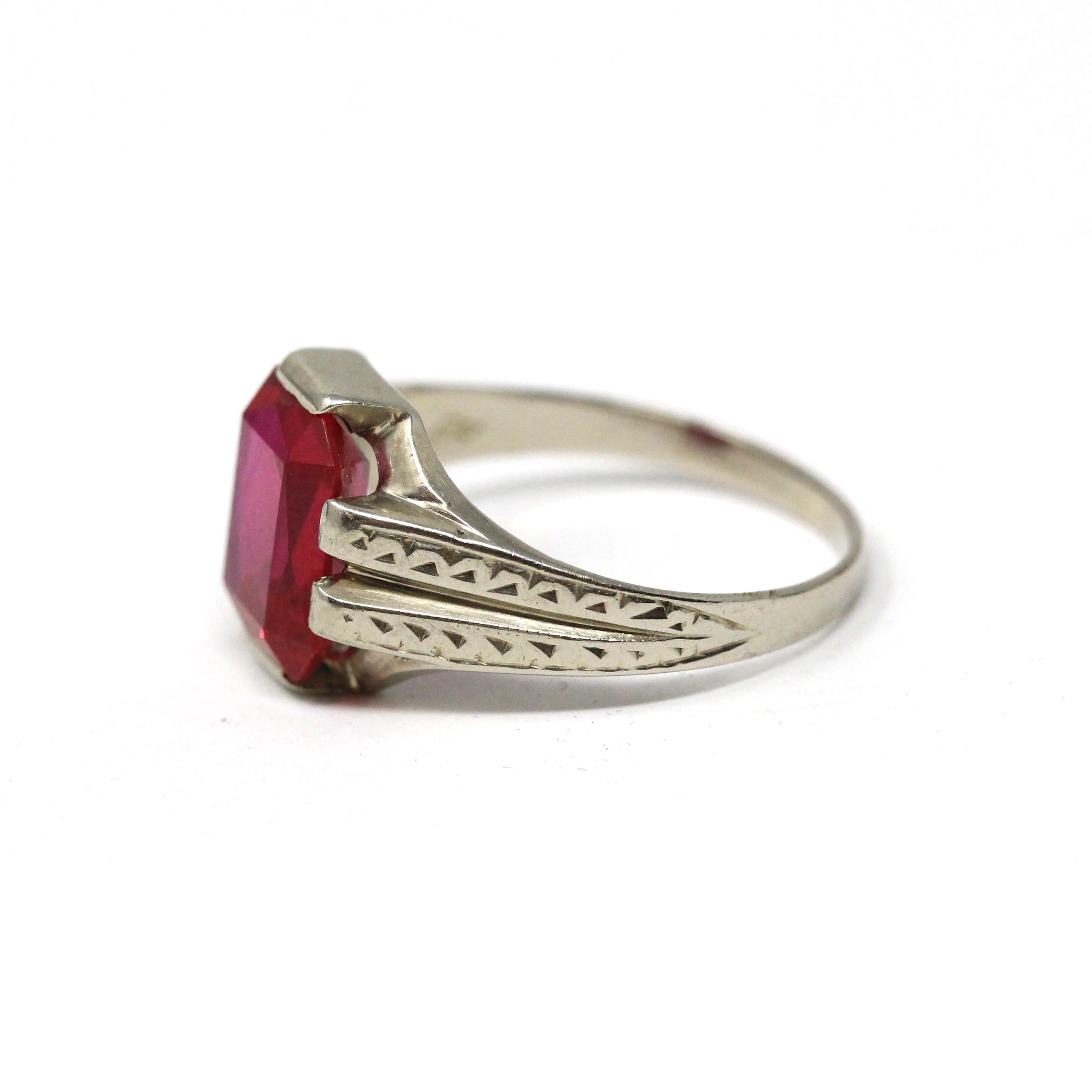 Created Ruby Ring - Art Deco 14k White Gold Emerald Cut Red Gemstone - Vintage Circa 1930s Size 7 1/2 July Birthstone Solitaire Fine Jewelry