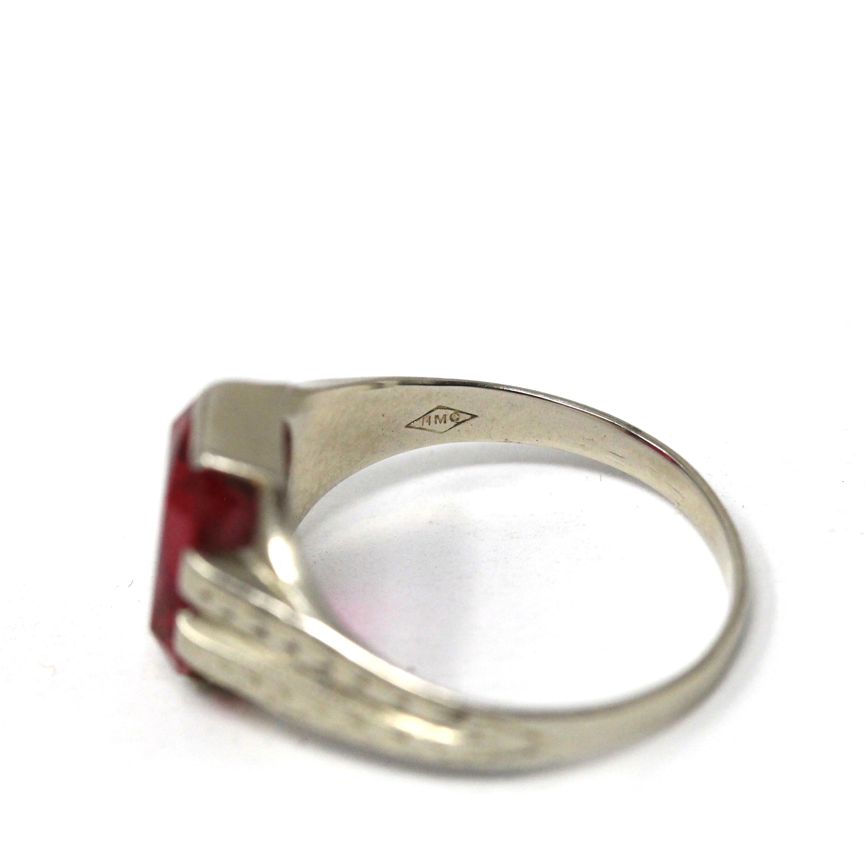 Created Ruby Ring - Art Deco 14k White Gold Emerald Cut Red Gemstone - Vintage Circa 1930s Size 7 1/2 July Birthstone Solitaire Fine Jewelry