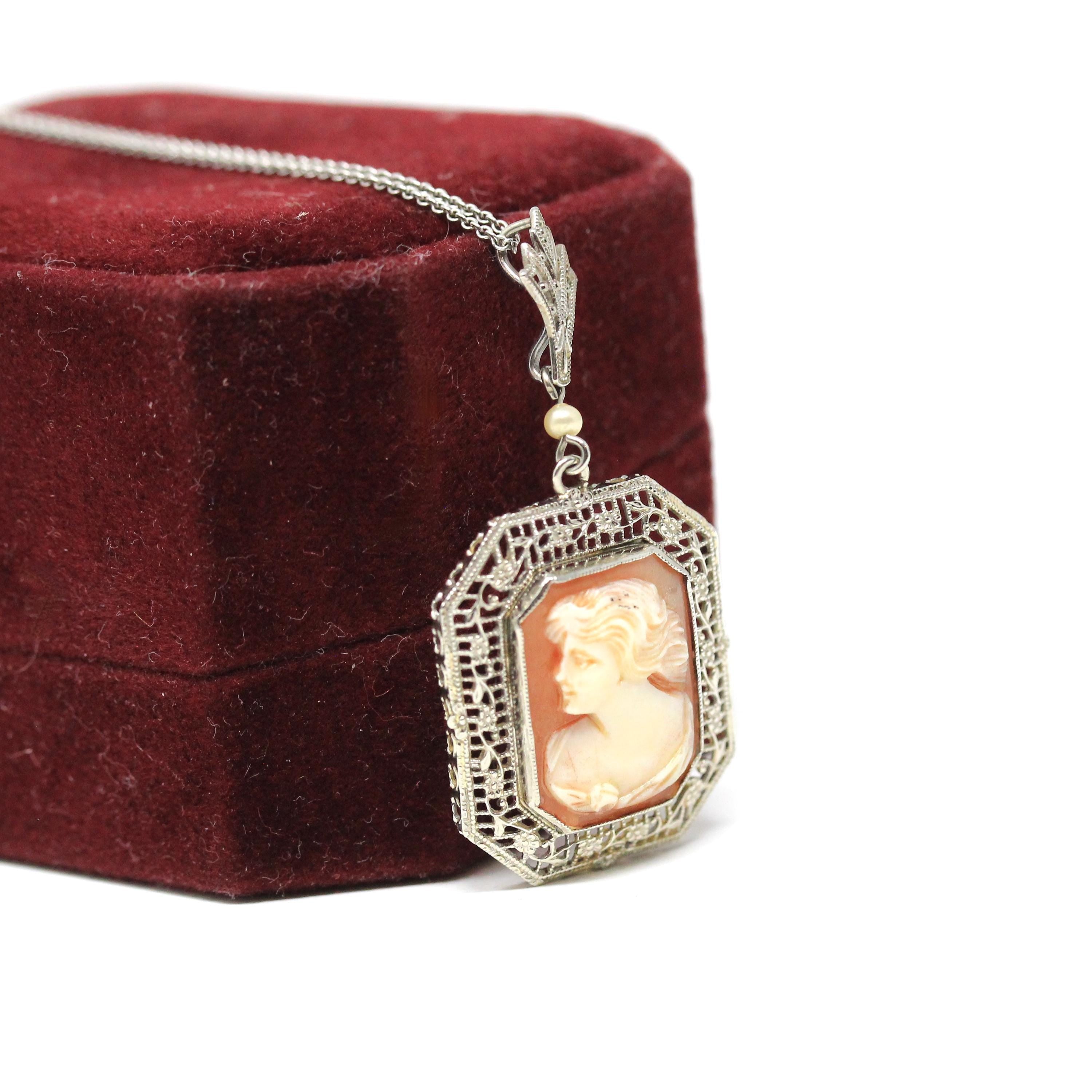 Vintage Cameo Necklace - Art Deco Era 10k White Gold Carved Shell Square Pendant Lavalier - Circa 1930s Filigree 14k Chain Fine 30s Jewelry