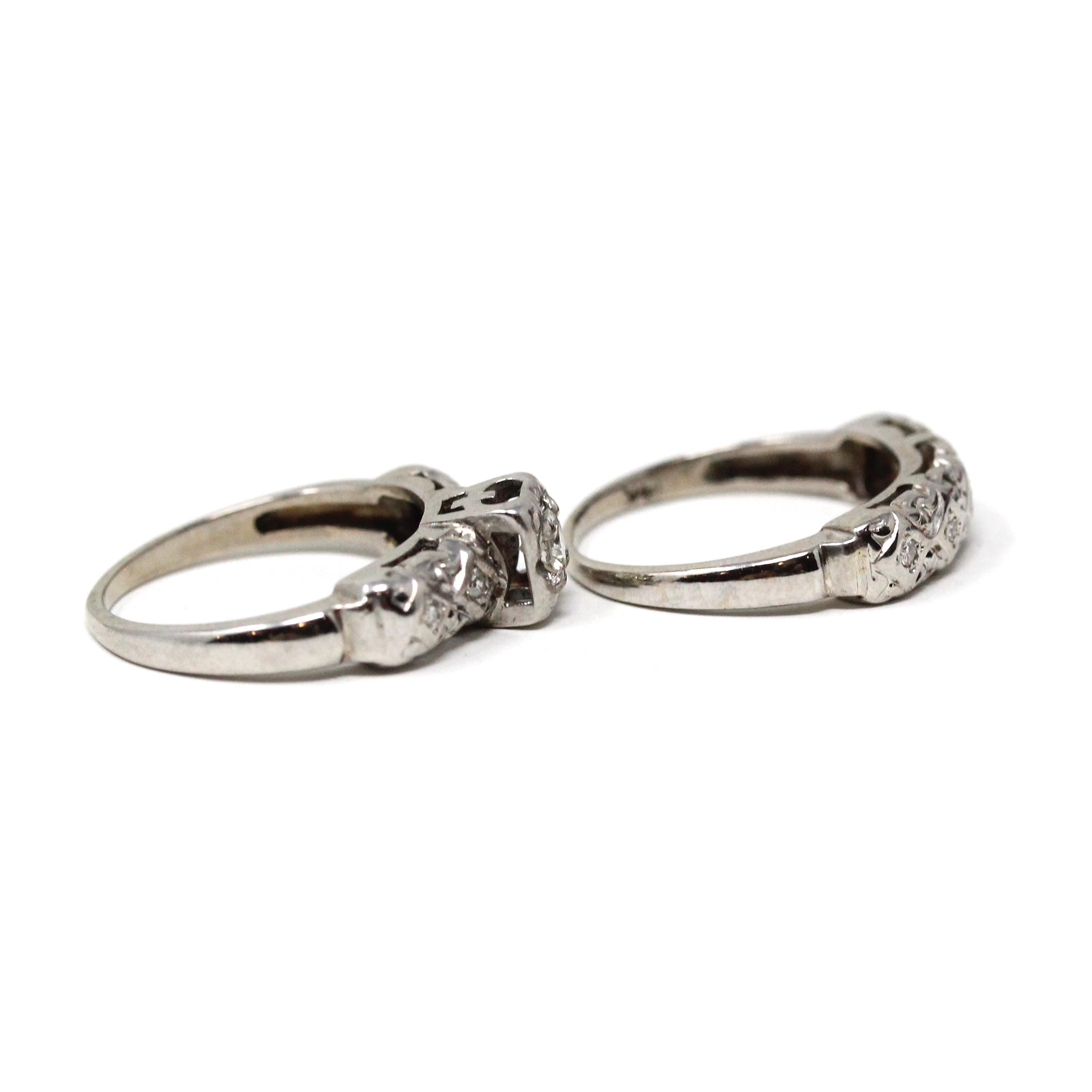 Vintage Wedding Set - Mid Century 14k White Gold Natural Diamonds Matching Engagement Ring & Band - Circa 1950s Size 5 Bridal Fine Jewelry