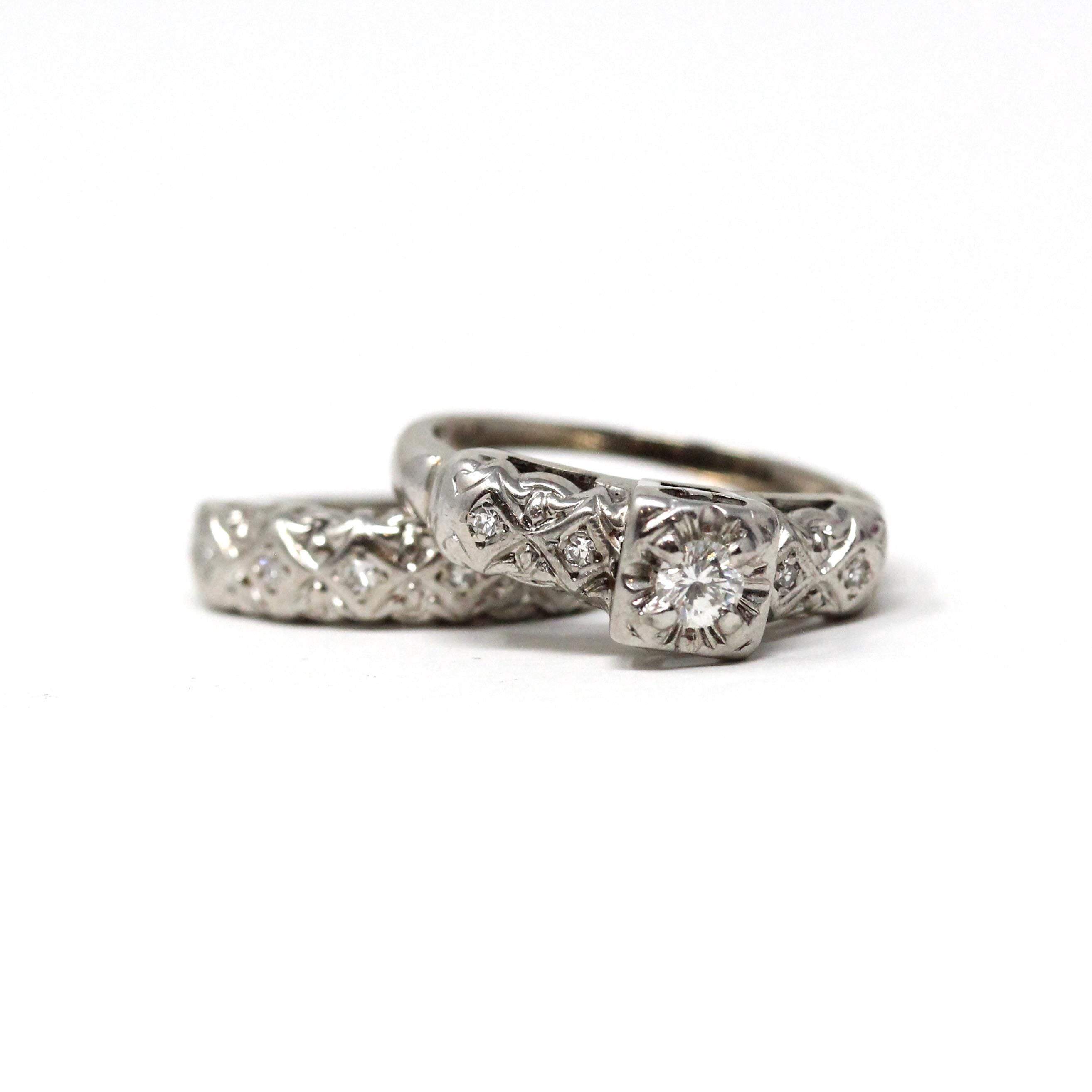 Vintage Wedding Set - Mid Century 14k White Gold Natural Diamonds Matching Engagement Ring & Band - Circa 1950s Size 5 Bridal Fine Jewelry