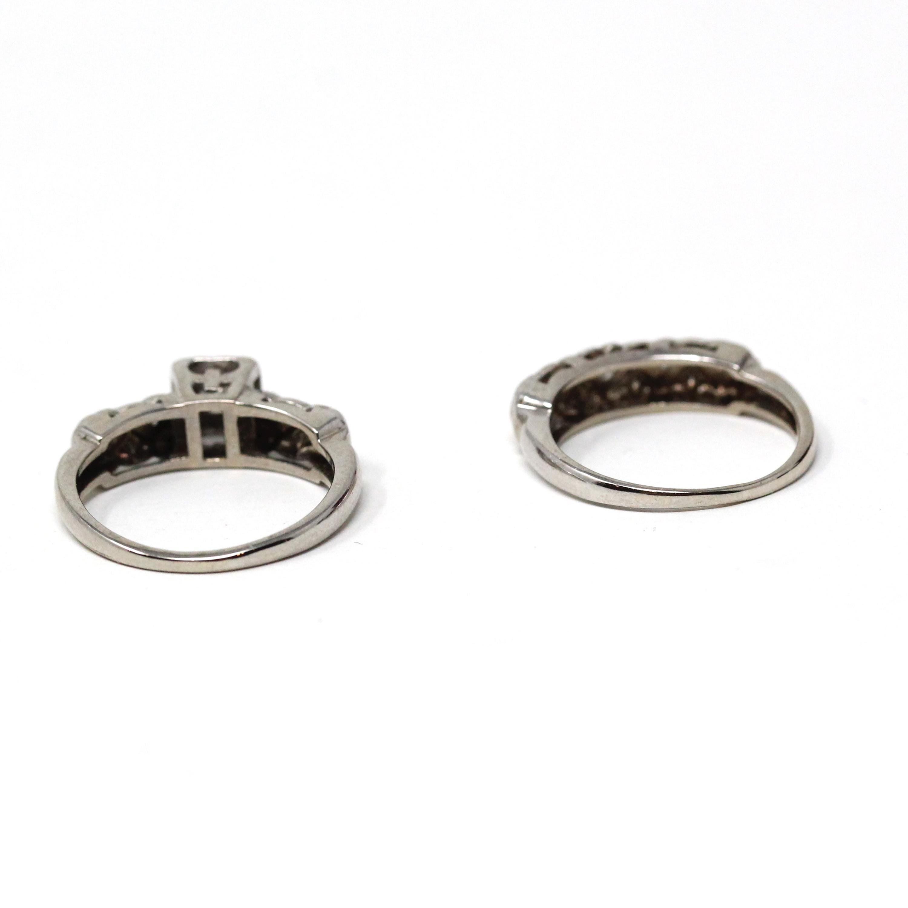 Vintage Wedding Set - Mid Century 14k White Gold Natural Diamonds Matching Engagement Ring & Band - Circa 1950s Size 5 Bridal Fine Jewelry