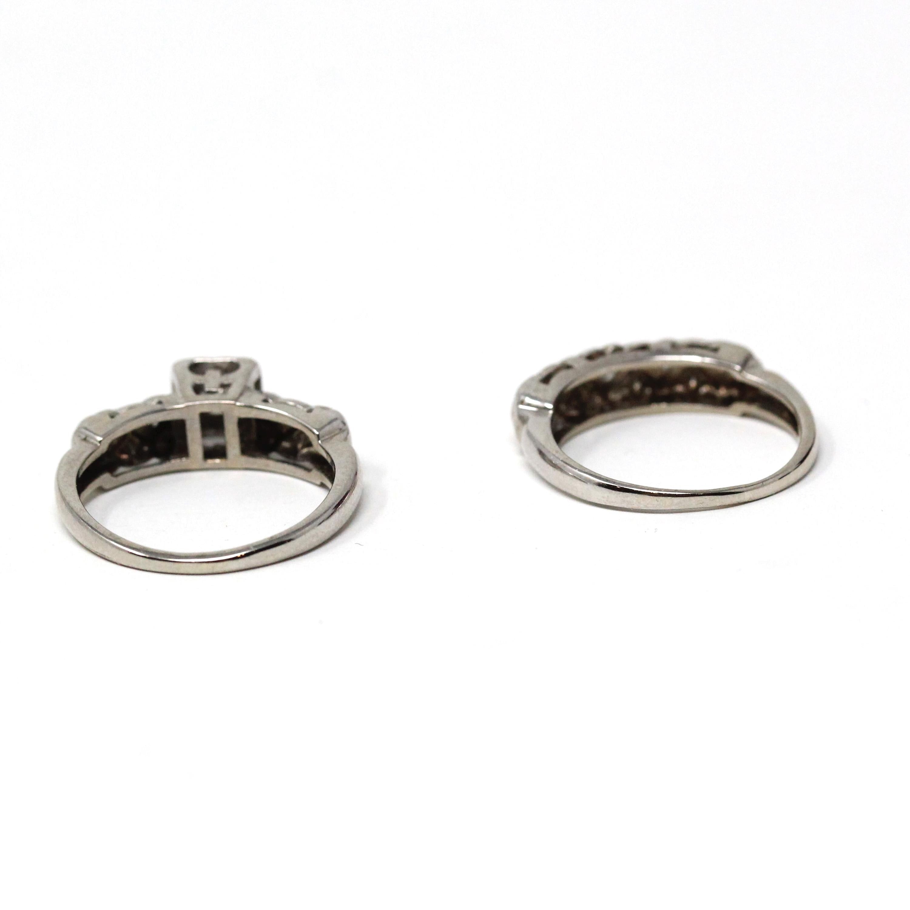 Vintage Wedding Set - Mid Century 14k White Gold Natural Diamonds Matching Engagement Ring & Band - Circa 1950s Size 5 Bridal Fine Jewelry