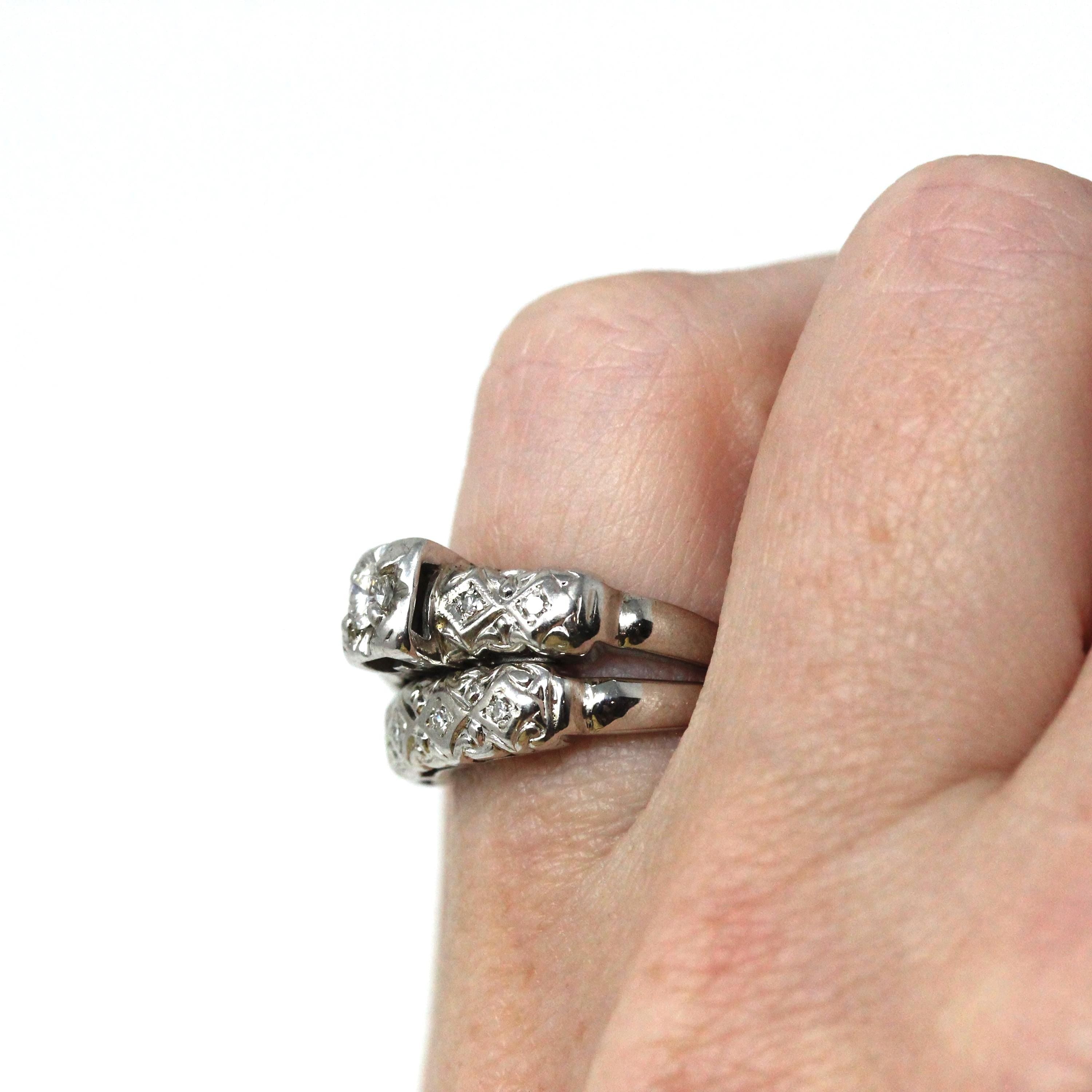 Vintage Wedding Set - Mid Century 14k White Gold Natural Diamonds Matching Engagement Ring & Band - Circa 1950s Size 5 Bridal Fine Jewelry
