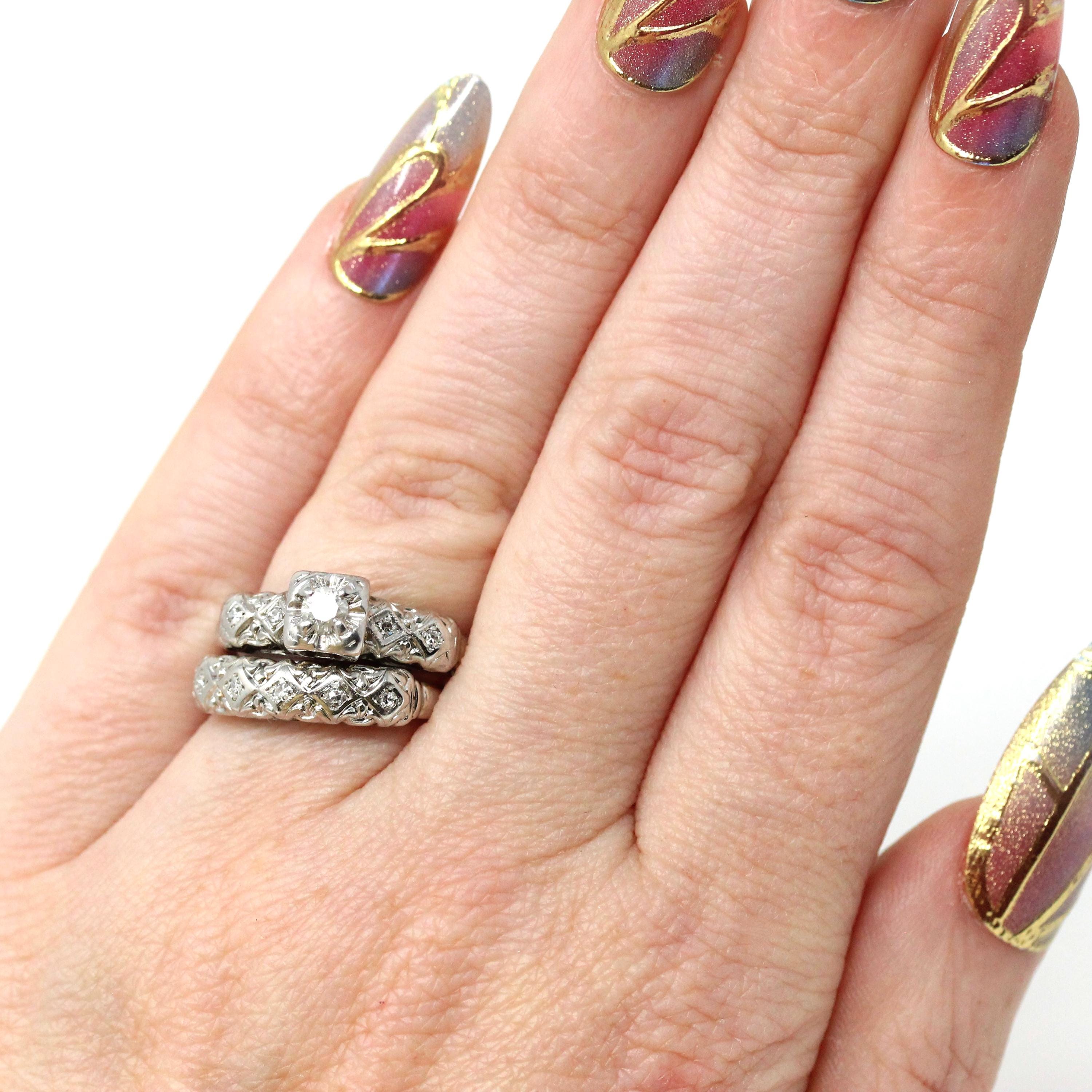 Vintage Wedding Set - Mid Century 14k White Gold Natural Diamonds Matching Engagement Ring & Band - Circa 1950s Size 5 Bridal Fine Jewelry