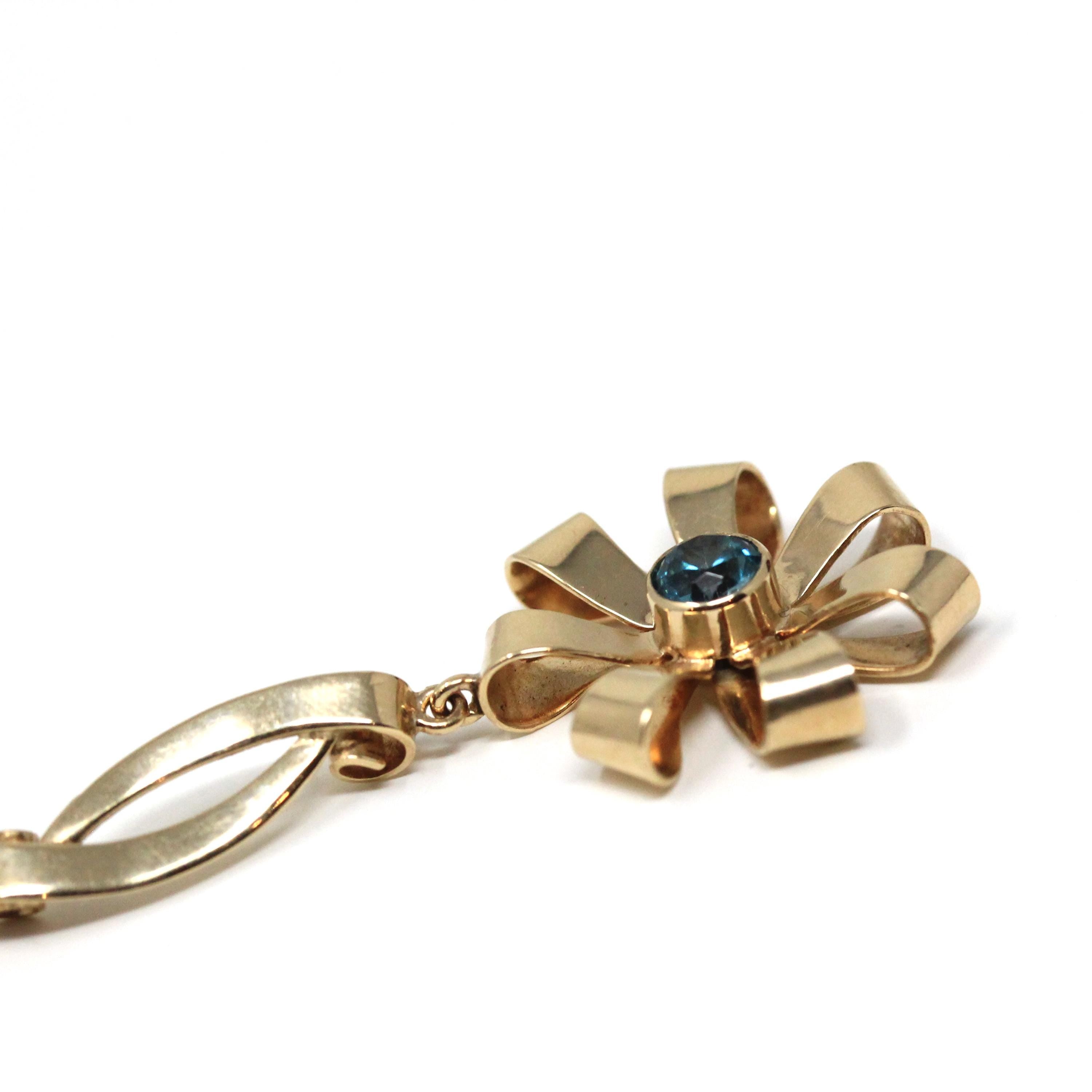 Vintage Flower Necklace - Mid Century 10k Yellow Gold Natural Blue Zircon Gemstone Pendant - Circa 1940s December Birthstone Fine Jewelry