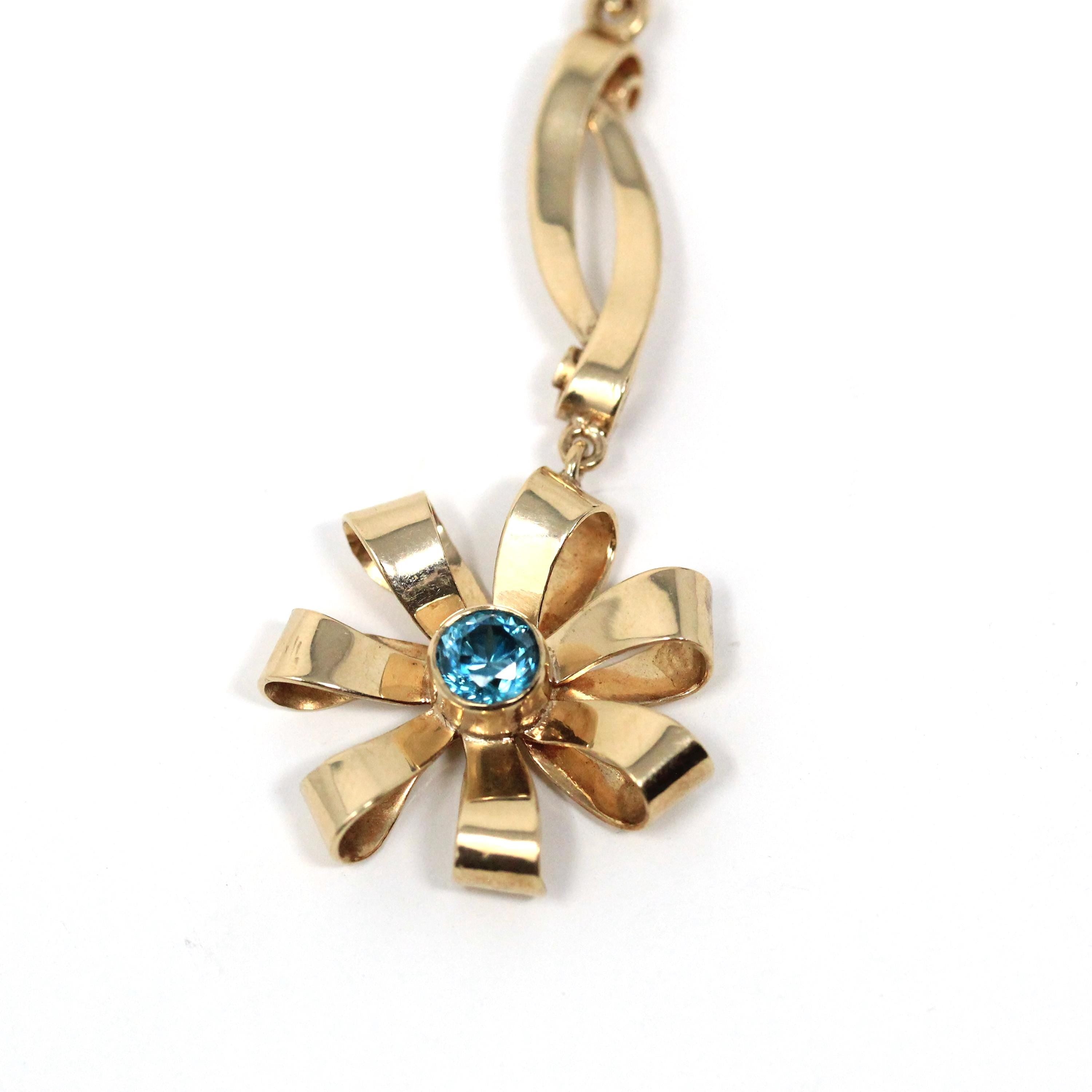 Vintage Flower Necklace - Mid Century 10k Yellow Gold Natural Blue Zircon Gemstone Pendant - Circa 1940s December Birthstone Fine Jewelry