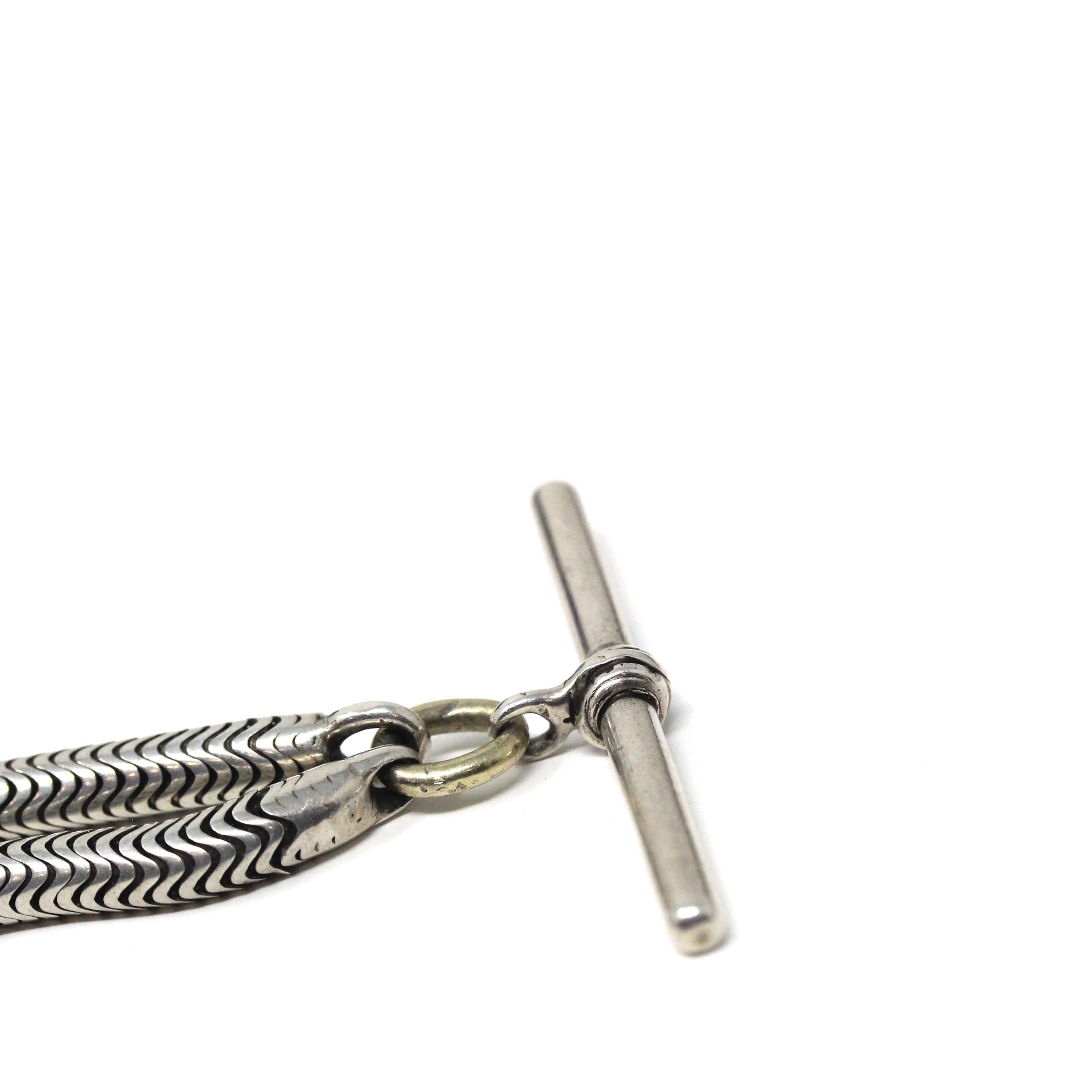 Antique Pocket Watch Chain - Sterling Silver Snake Chain T Bar Dog Clip Clasp - Victorian Circa 1890s Unisex Necklace Charm Holder Jewelry