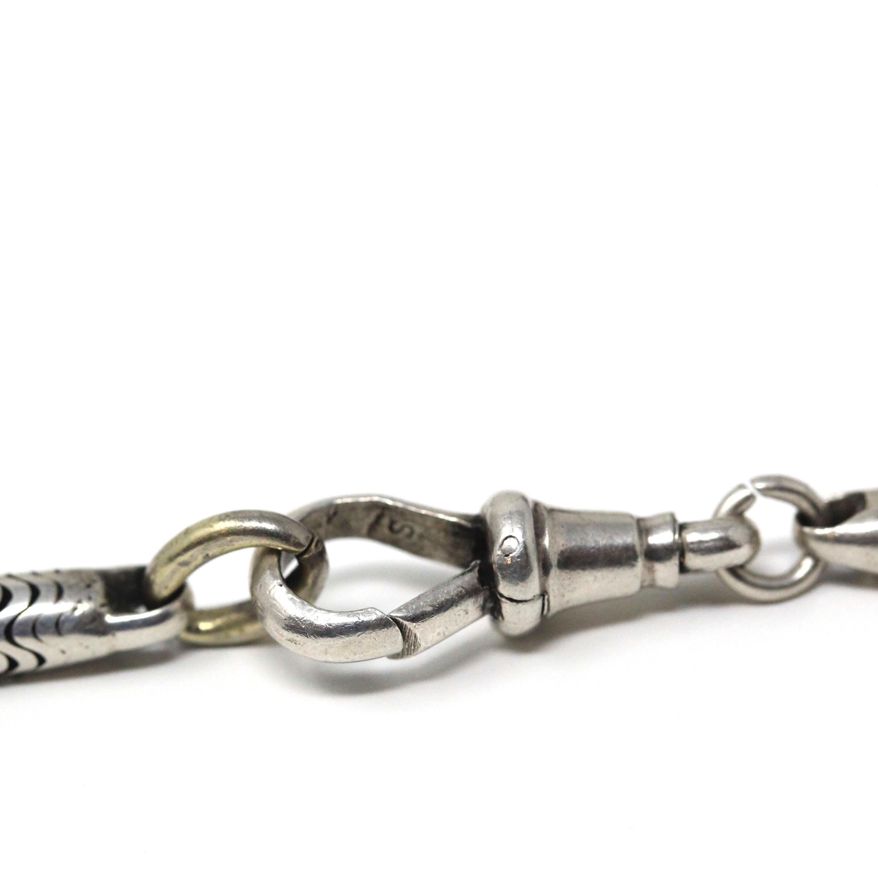 Antique Pocket Watch Chain - Sterling Silver Snake Chain T Bar Dog Clip Clasp - Victorian Circa 1890s Unisex Necklace Charm Holder Jewelry