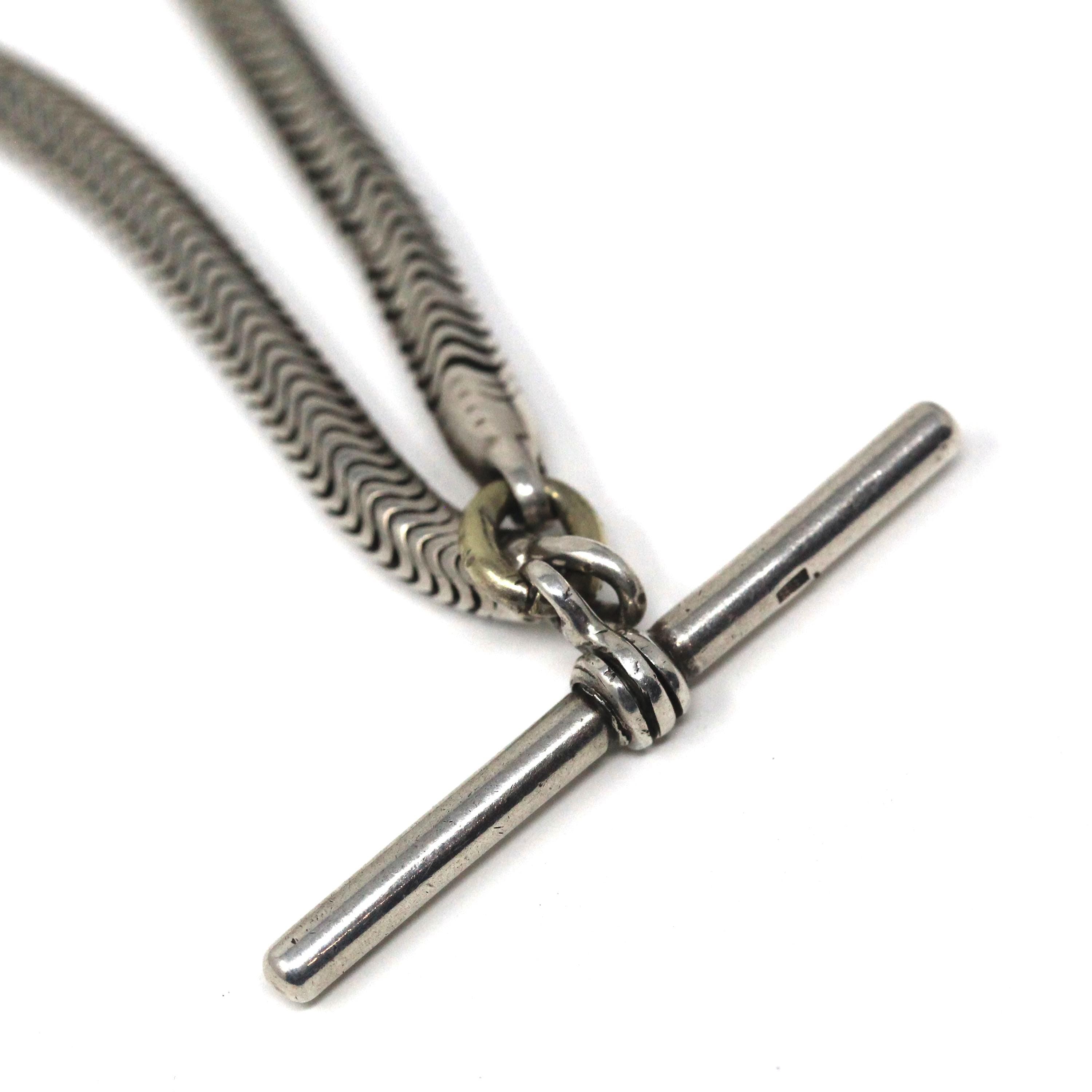 Antique Pocket Watch Chain - Sterling Silver Snake Chain T Bar Dog Clip Clasp - Victorian Circa 1890s Unisex Necklace Charm Holder Jewelry