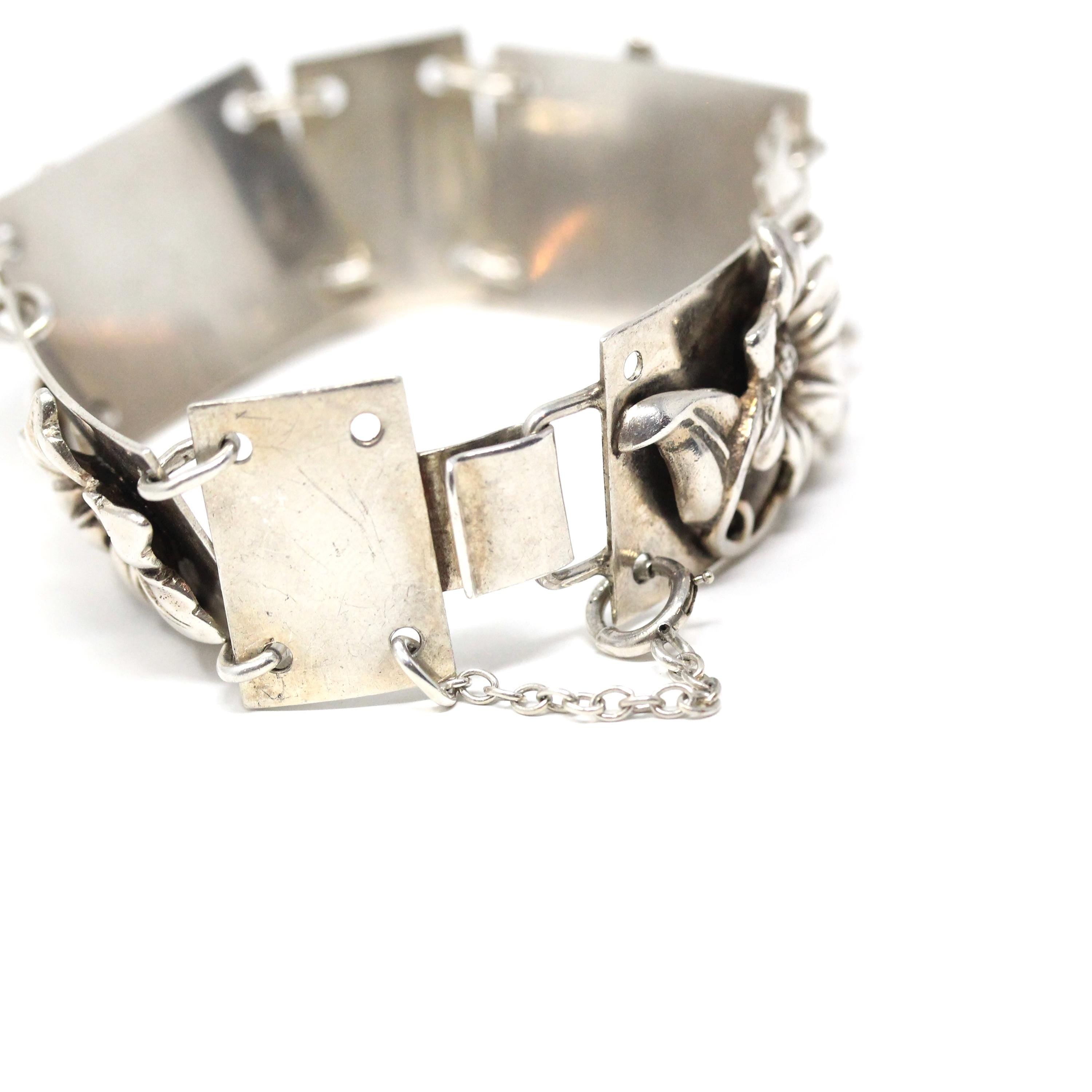 Vintage Flower Bracelet - Mid Century Sterling Silver Floral Panel Statement - Circa 1940s Era Collectible Signed Max Rieg Patina Jewelry