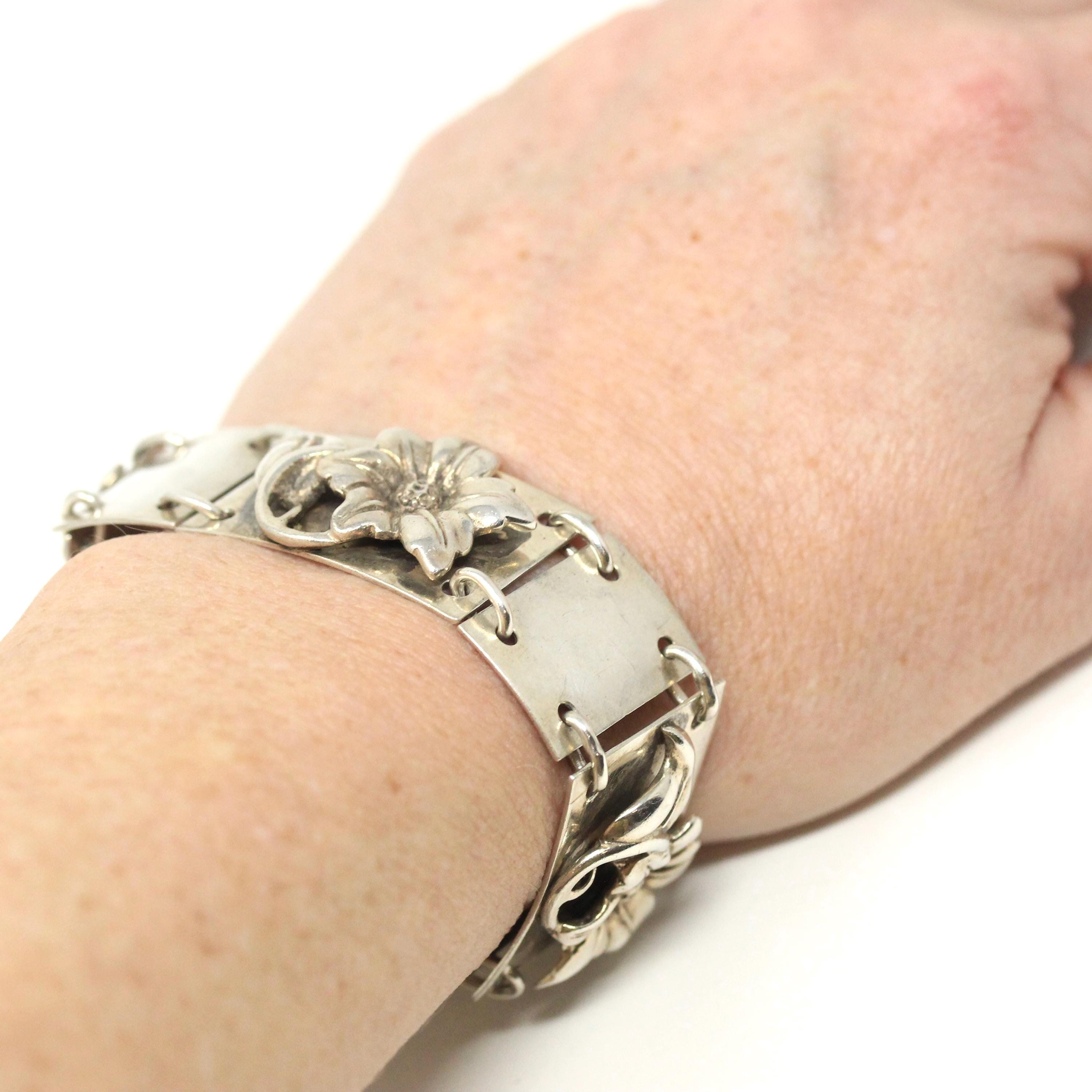 Vintage Flower Bracelet - Mid Century Sterling Silver Floral Panel Statement - Circa 1940s Era Collectible Signed Max Rieg Patina Jewelry