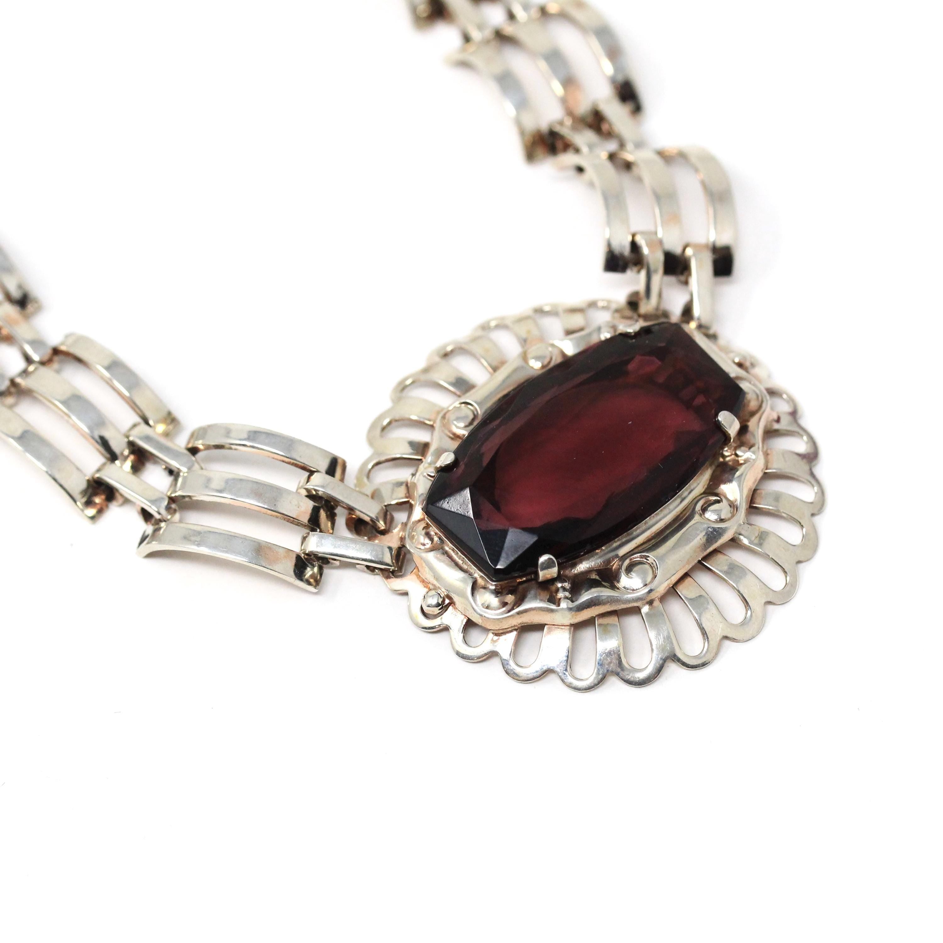 Vintage Jewelry Set - Retro Era Sterling Silver Interlocking Open Metal Purple Glass Choker and Bracelet Links - Circa 1970s Fashion Jewelry