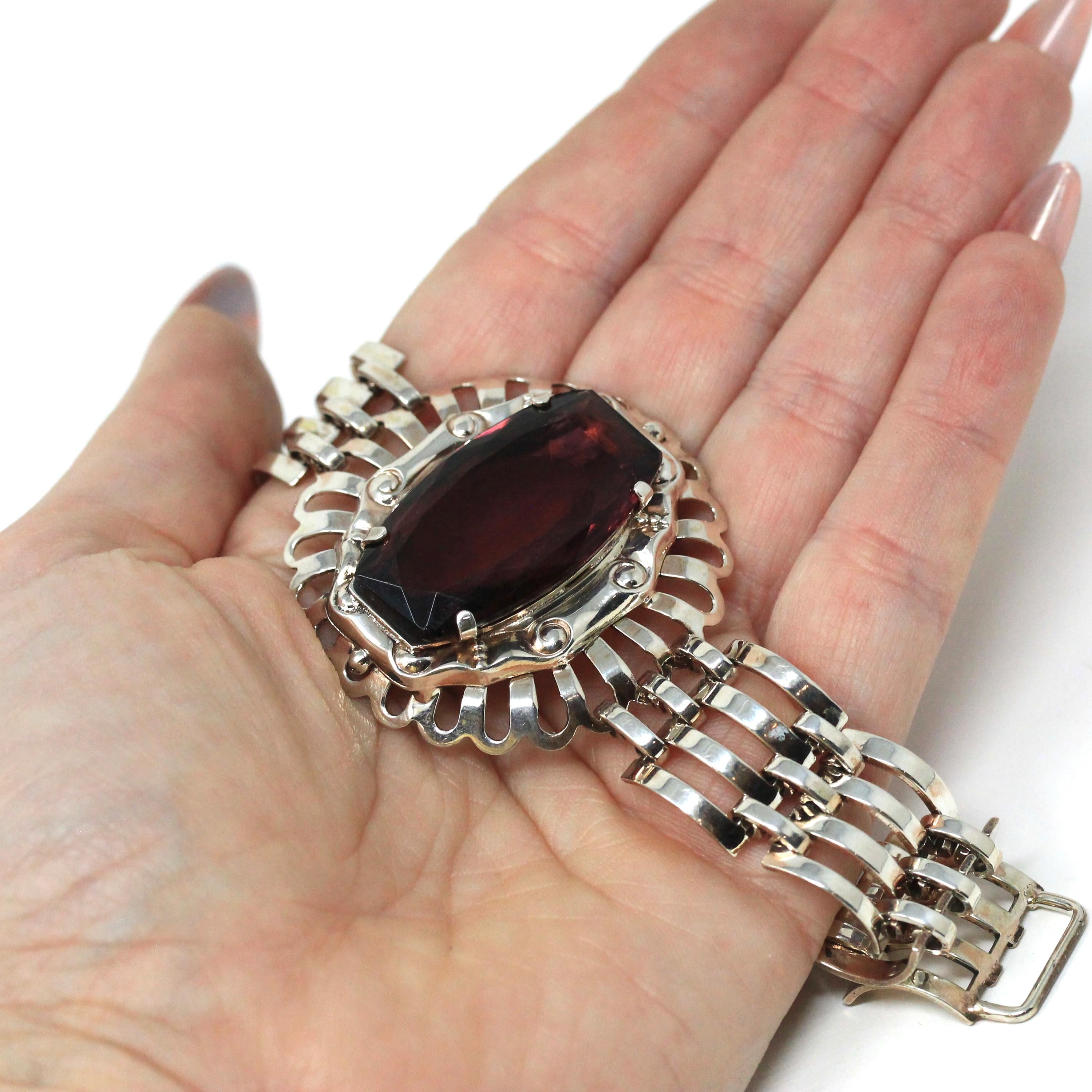 Vintage Jewelry Set - Retro Era Sterling Silver Interlocking Open Metal Purple Glass Choker and Bracelet Links - Circa 1970s Fashion Jewelry