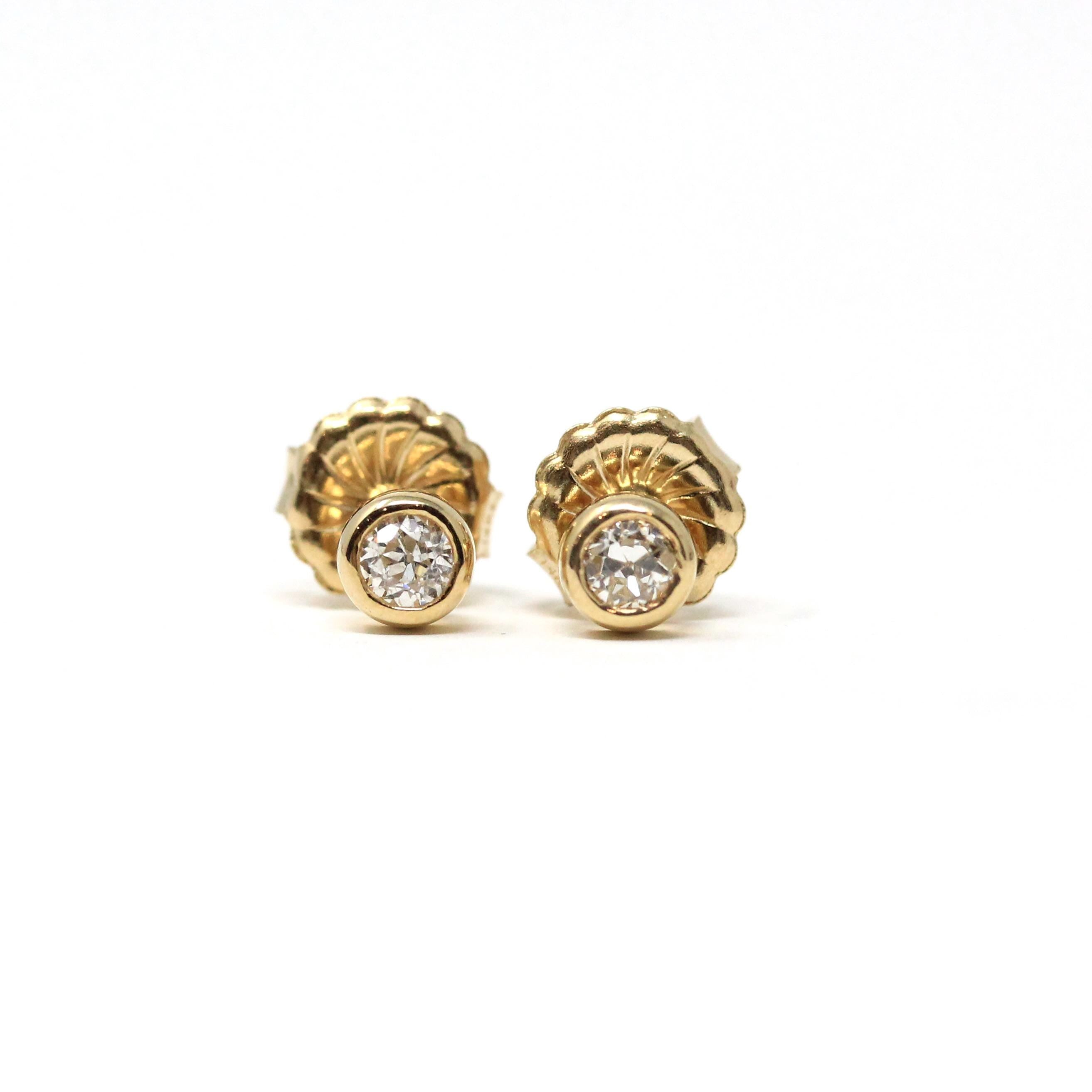 Bezel Diamond Earrings - Contemporary Custom 14k Yellow Gold .24 CTW Natural Old European Cut Gemstones - Post Stud Fine Minimalist Jewelry