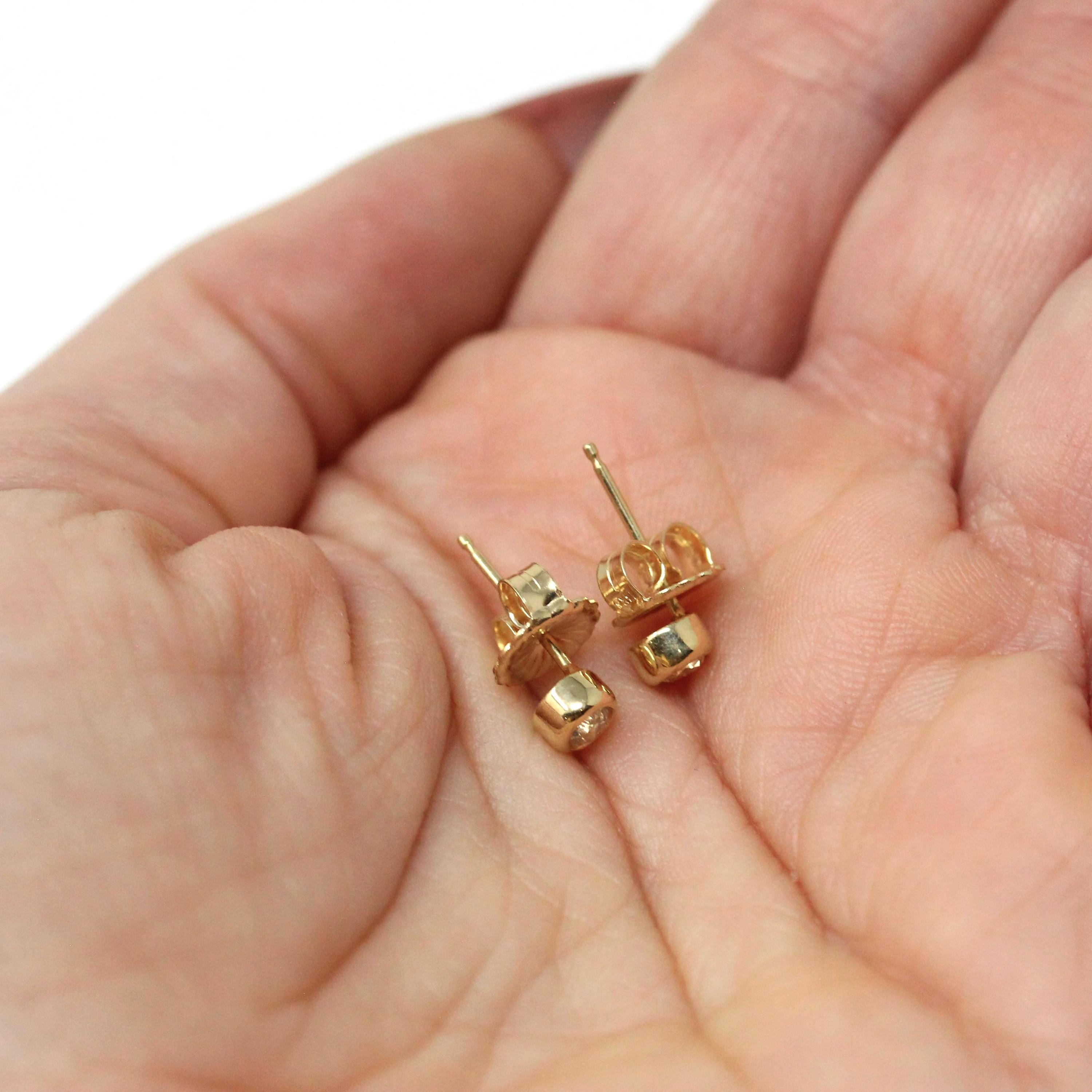 Bezel Diamond Earrings - Contemporary Custom 14k Yellow Gold .24 CTW Natural Old European Cut Gemstones - Post Stud Fine Minimalist Jewelry