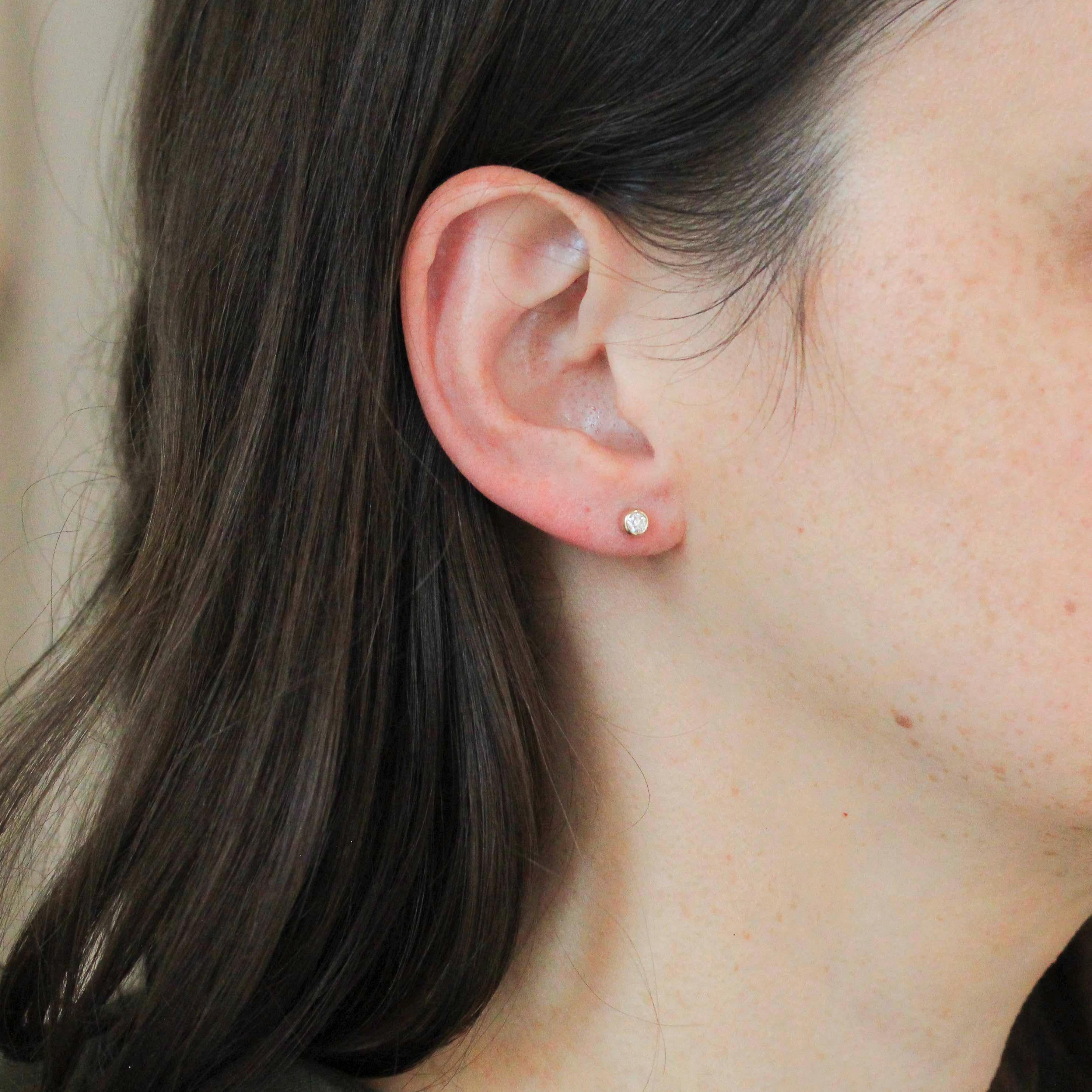 Bezel Diamond Earrings - Contemporary Custom 14k Yellow Gold .24 CTW Natural Old European Cut Gemstones - Post Stud Fine Minimalist Jewelry