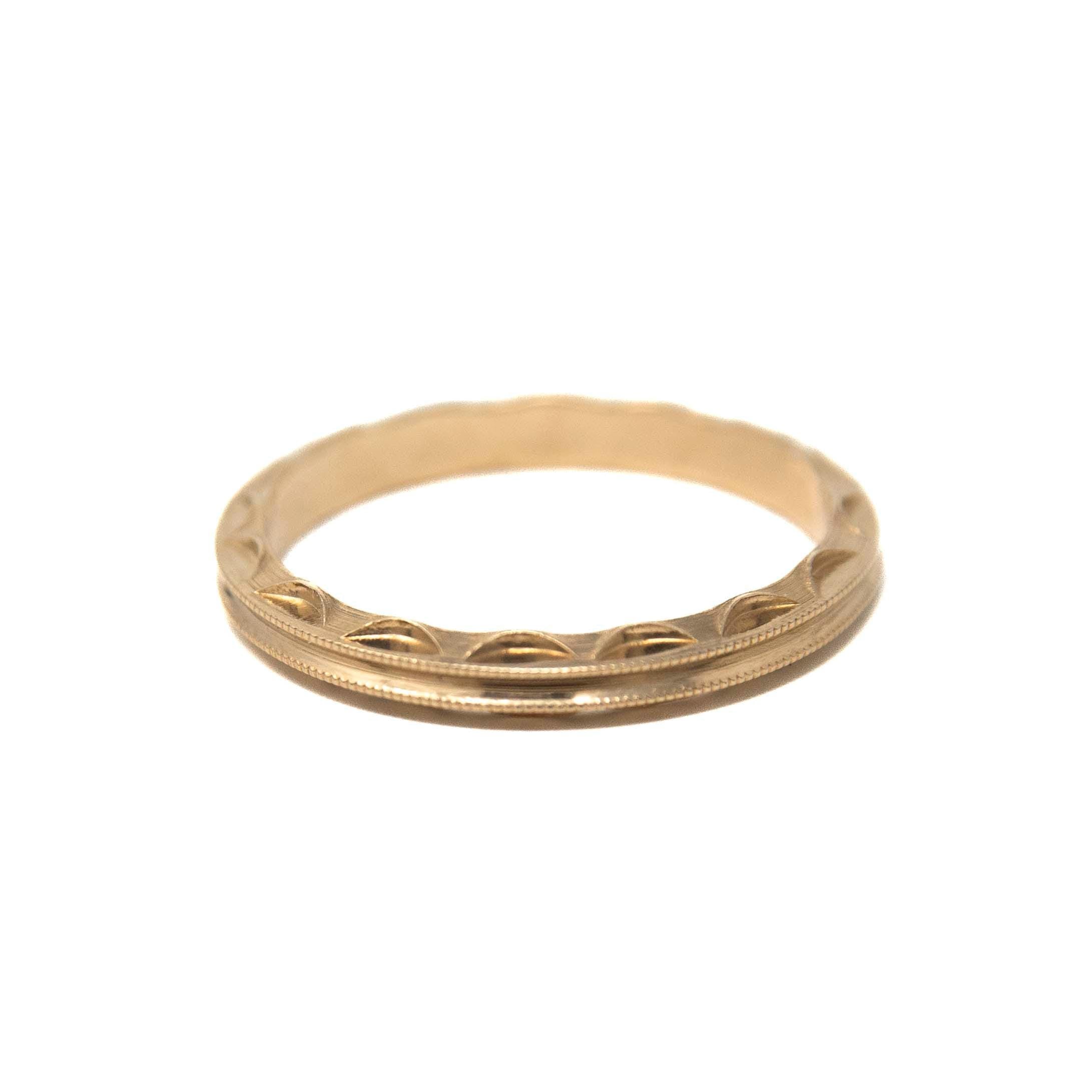 Vintage Wedding Band - Retro 14k Yellow Gold Milgrain Scalloped Textured Design - Circa 1940s Era Size 4 3/4 New Old Stock Eternity Jewelry