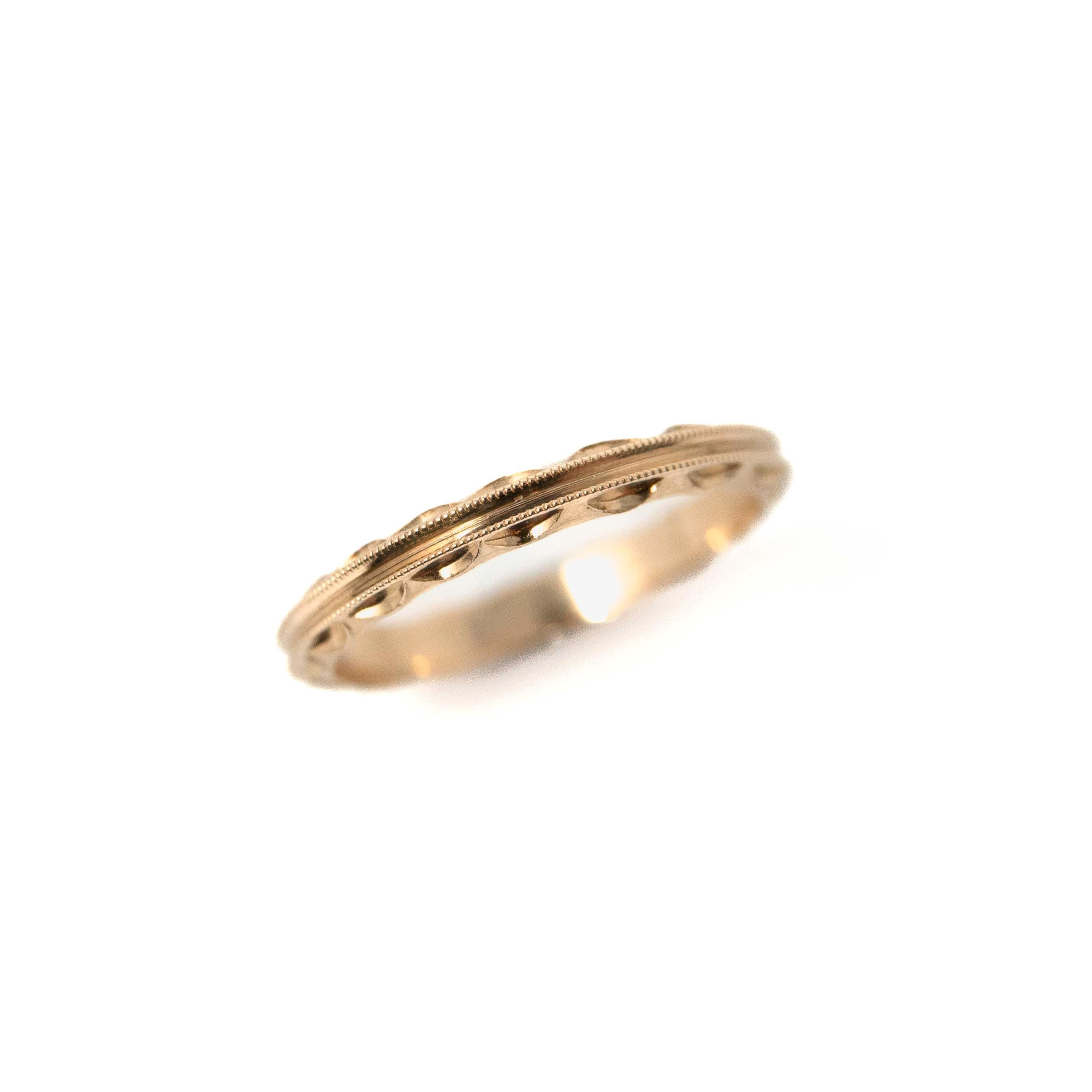 Vintage Wedding Band - Retro 14k Yellow Gold Milgrain Scalloped Textured Design - Circa 1940s Era Size 4 3/4 New Old Stock Eternity Jewelry