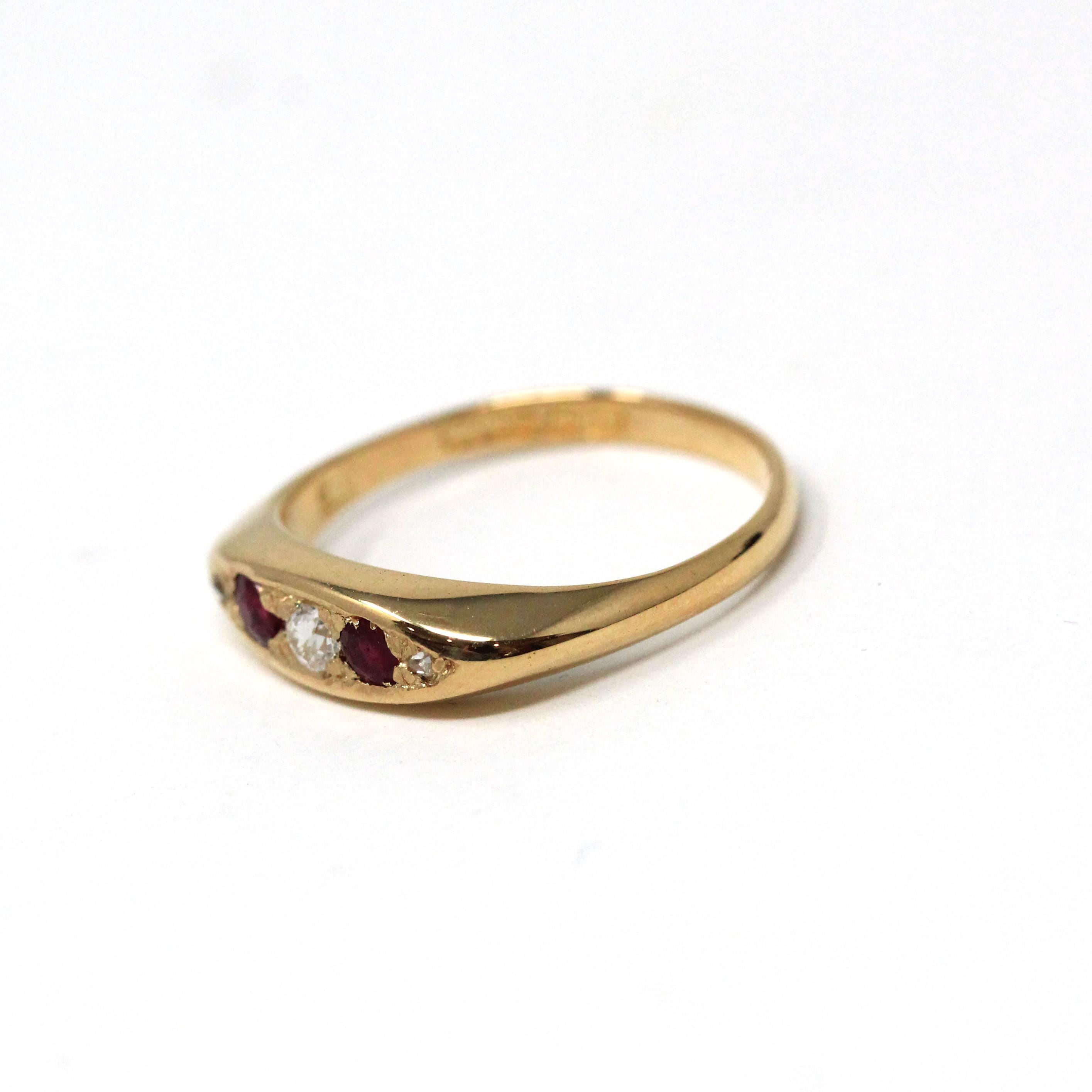 Antique Ruby & Diamond Ring - Edwardian Era 18k Yellow Gold Natural Red White Gemstones Anniversary Band - Circa 1910s Size 6 Fine Jewelry