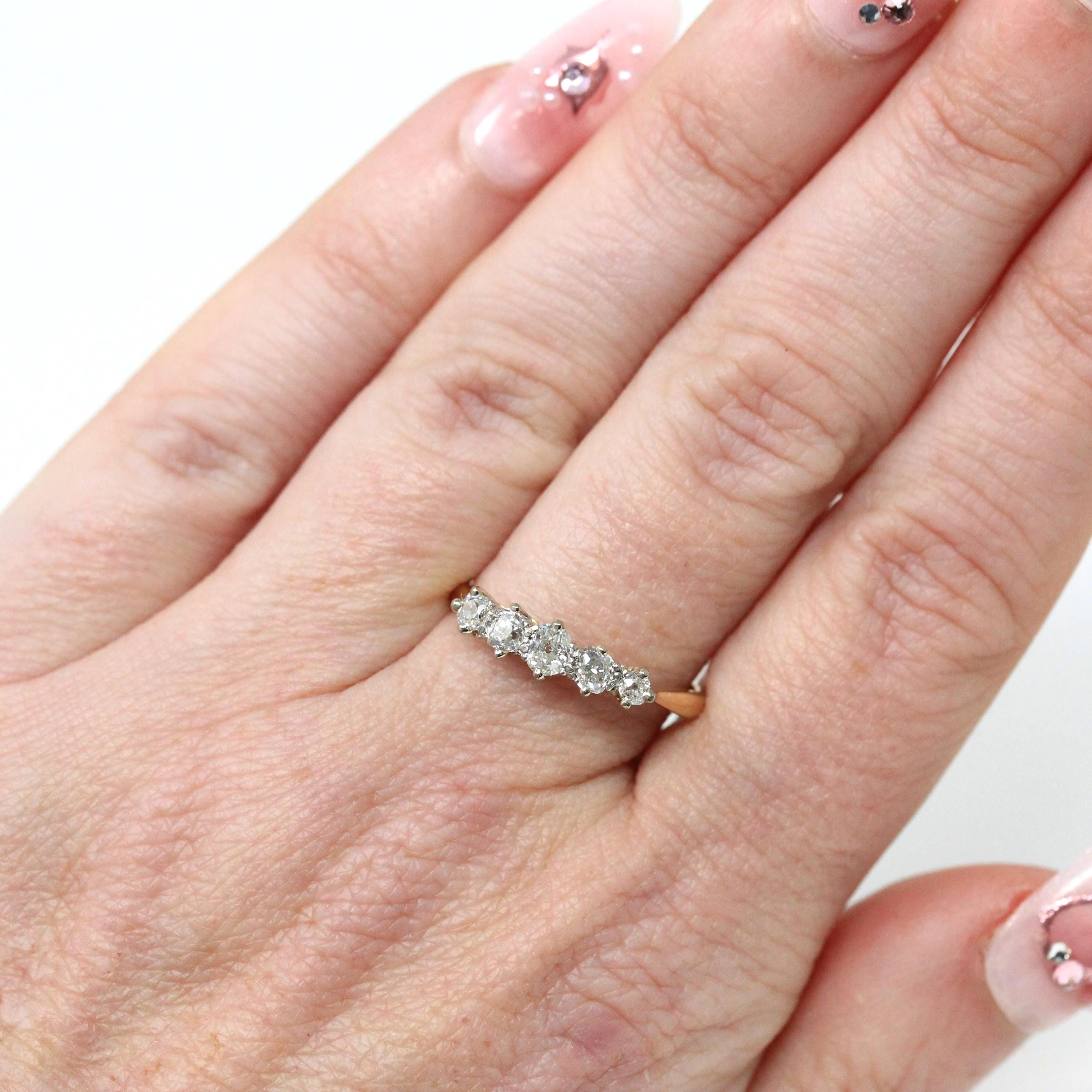 Edwardian Diamond Band - Antique 18k Yellow Gold Natural Graduated Gemstones Wedding Ring - Circa 1910s Era Handmade Fine Stacking Jewelry