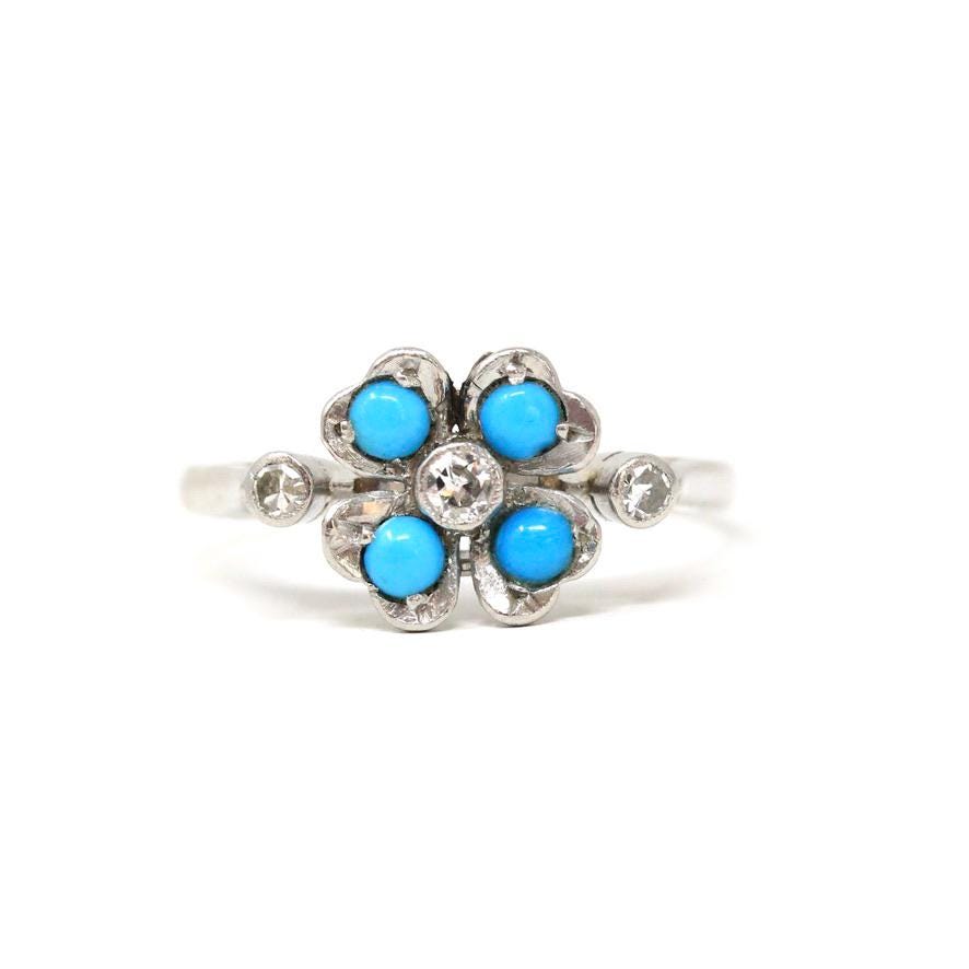 Vintage Shamrock Ring - Mid Century Platinum Turquoise & Diamonds - Circa 1940s Nature Inspired Size 6 1/4 Fine December Birthstone Jewelry