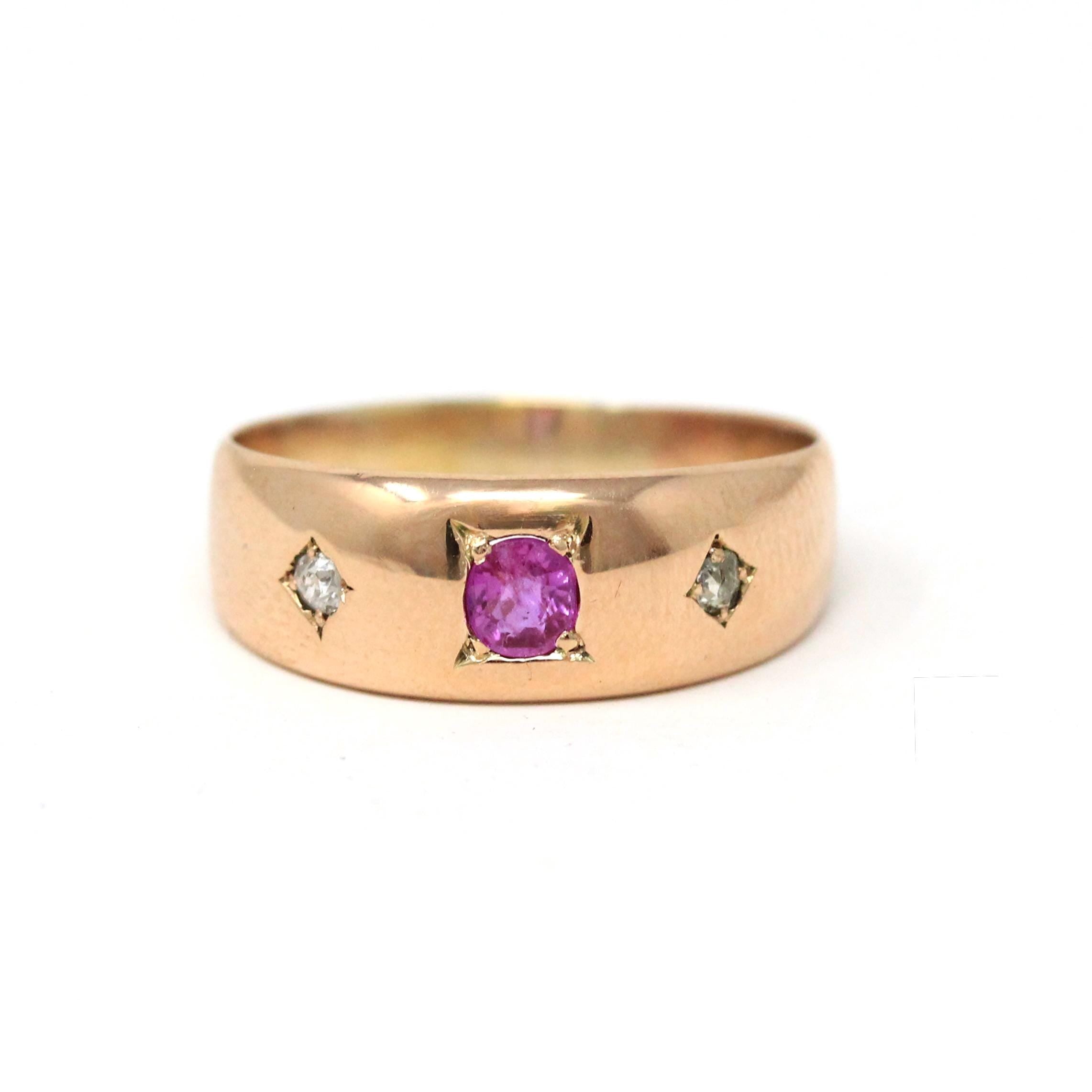 Antique Three Stone Band - Edwardian Era 14k Rosy Yellow Gold Pink Sapphire & Diamonds Men's Unisex - Vintage 1910s Size 8 3/4 Fine Jewelry