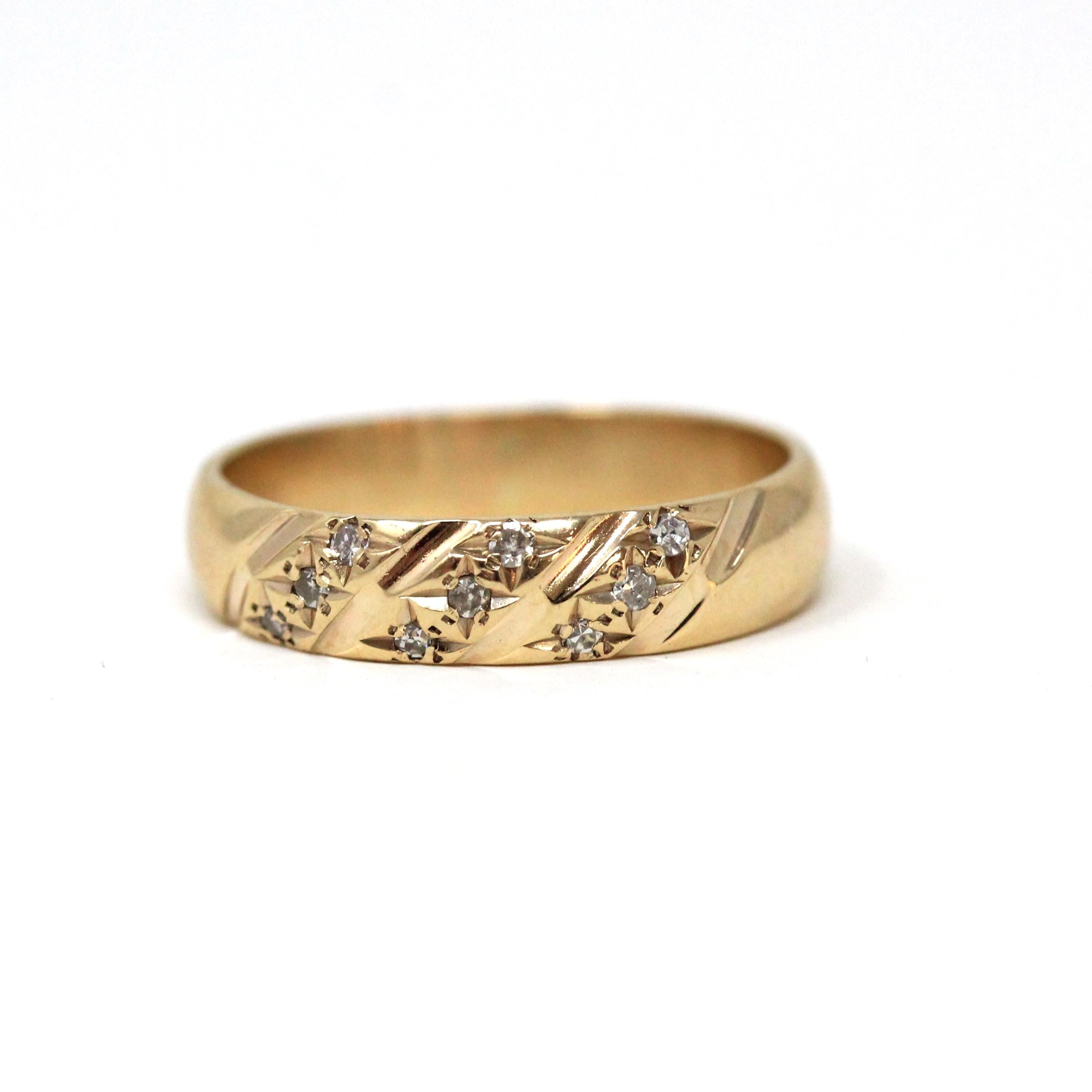 Retro Star Incised Band - Vintage 9k Yellow Gold .11 CTW Natural Diamonds Ring - Circa 1980s Celestial Inspired Size 7 Fine Bridal Jewelry