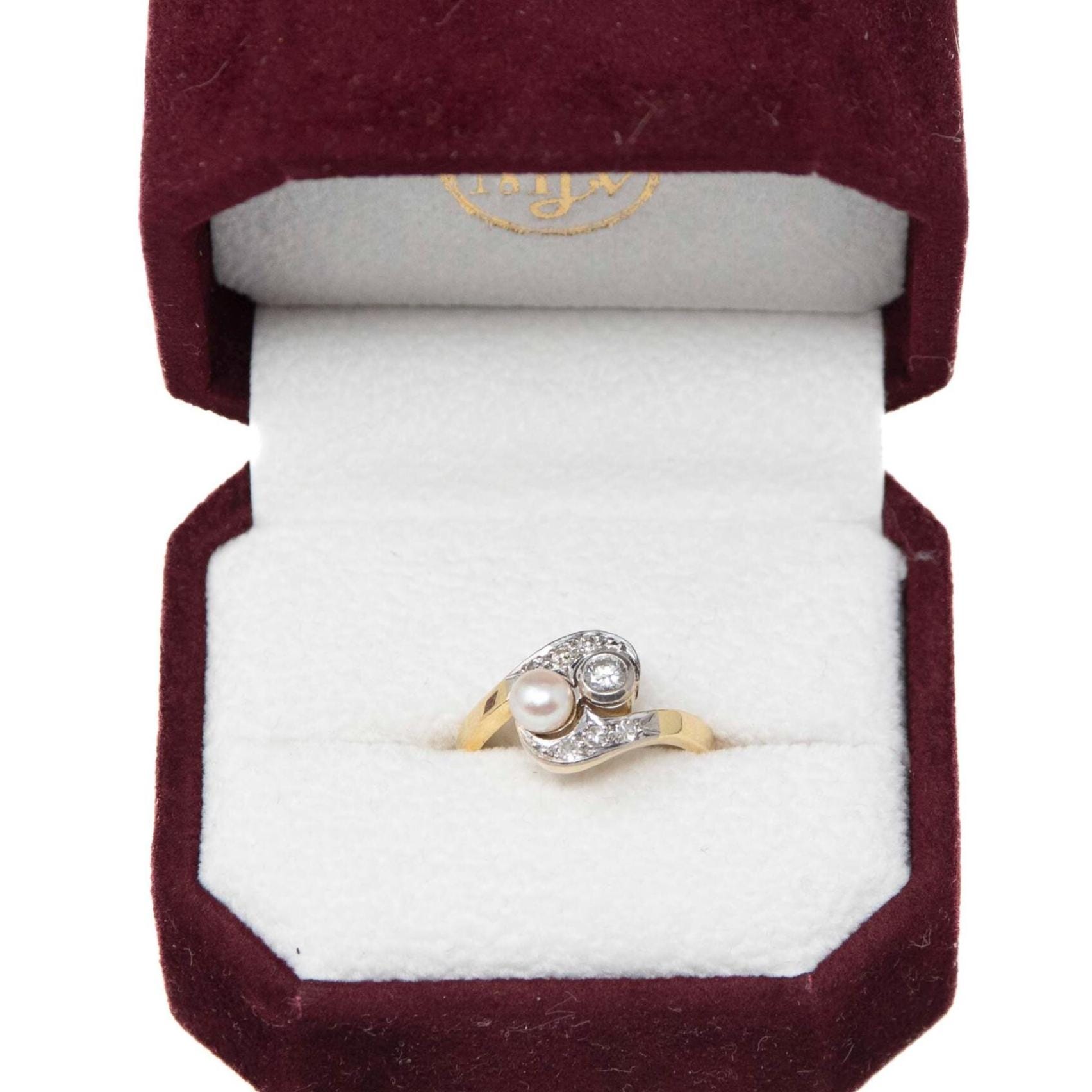 Pearl & Diamond Ring - Modern 14k Gold Platinum Two Tone Toi Et Moi Bypass - Estate Size 6 1/2 June April Birthstones Fine Statement Jewelry