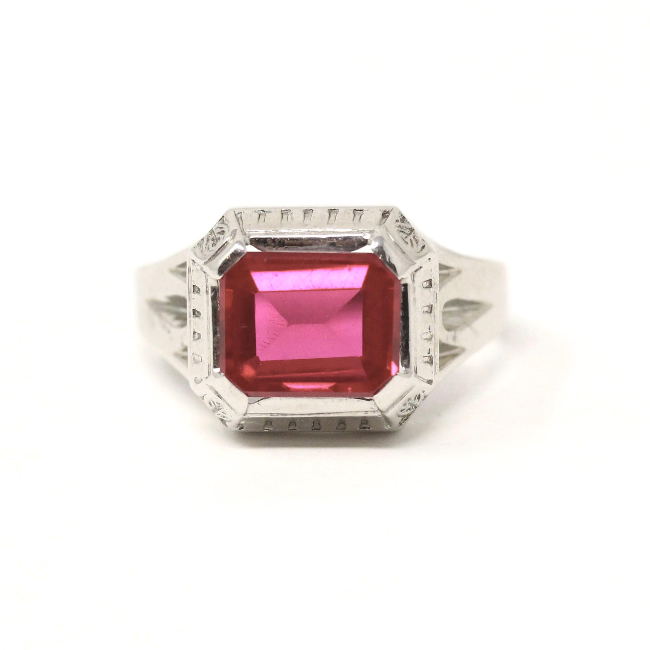 Art Deco Ring - 10k White Gold Emerald Cut Pink Red Created Ruby Gemstone - Vintage Circa 1930s Era Size 10 Unisex Fine Statement Jewelry