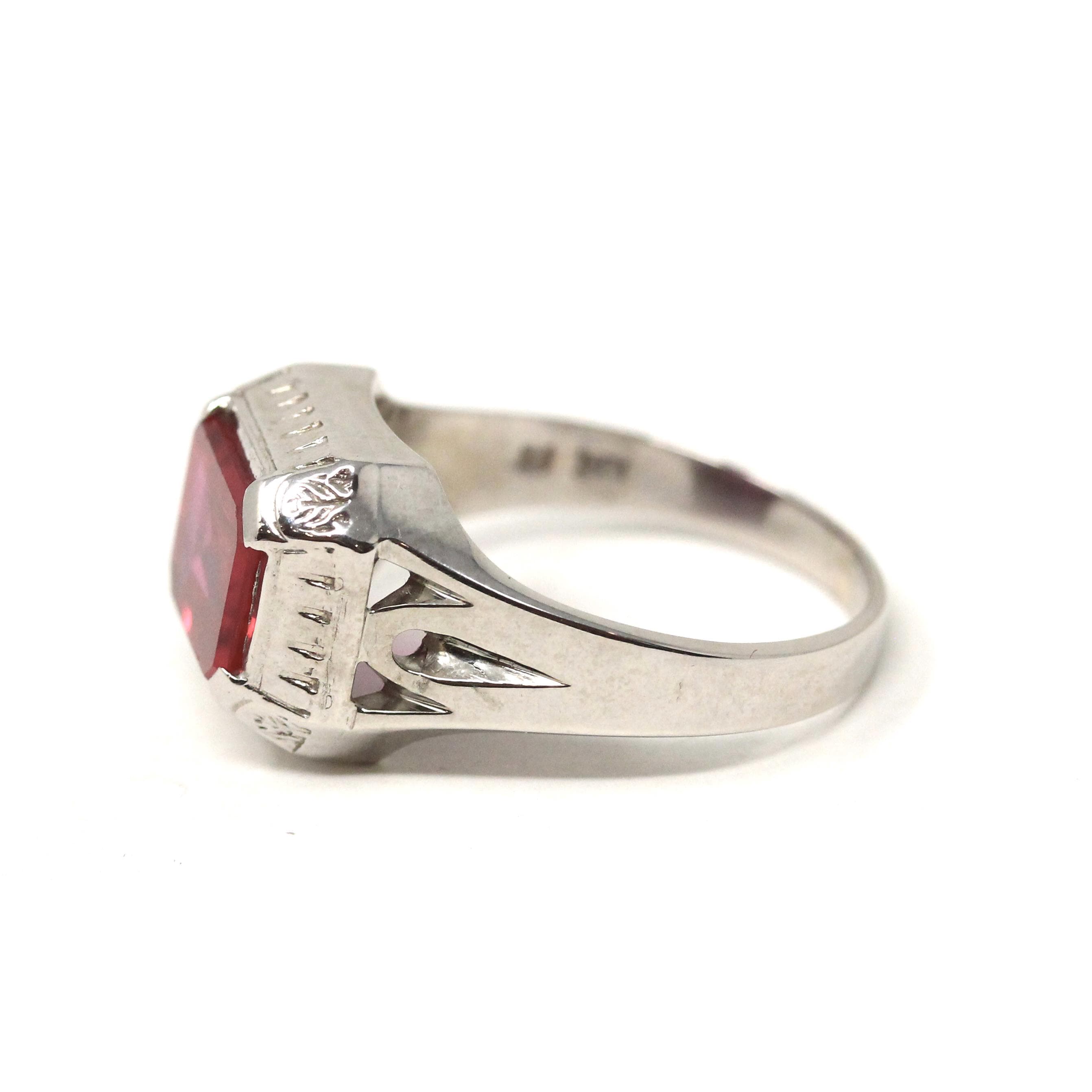 Art Deco Ring - 10k White Gold Emerald Cut Pink Red Created Ruby Gemstone - Vintage Circa 1930s Era Size 10 Unisex Fine Statement Jewelry