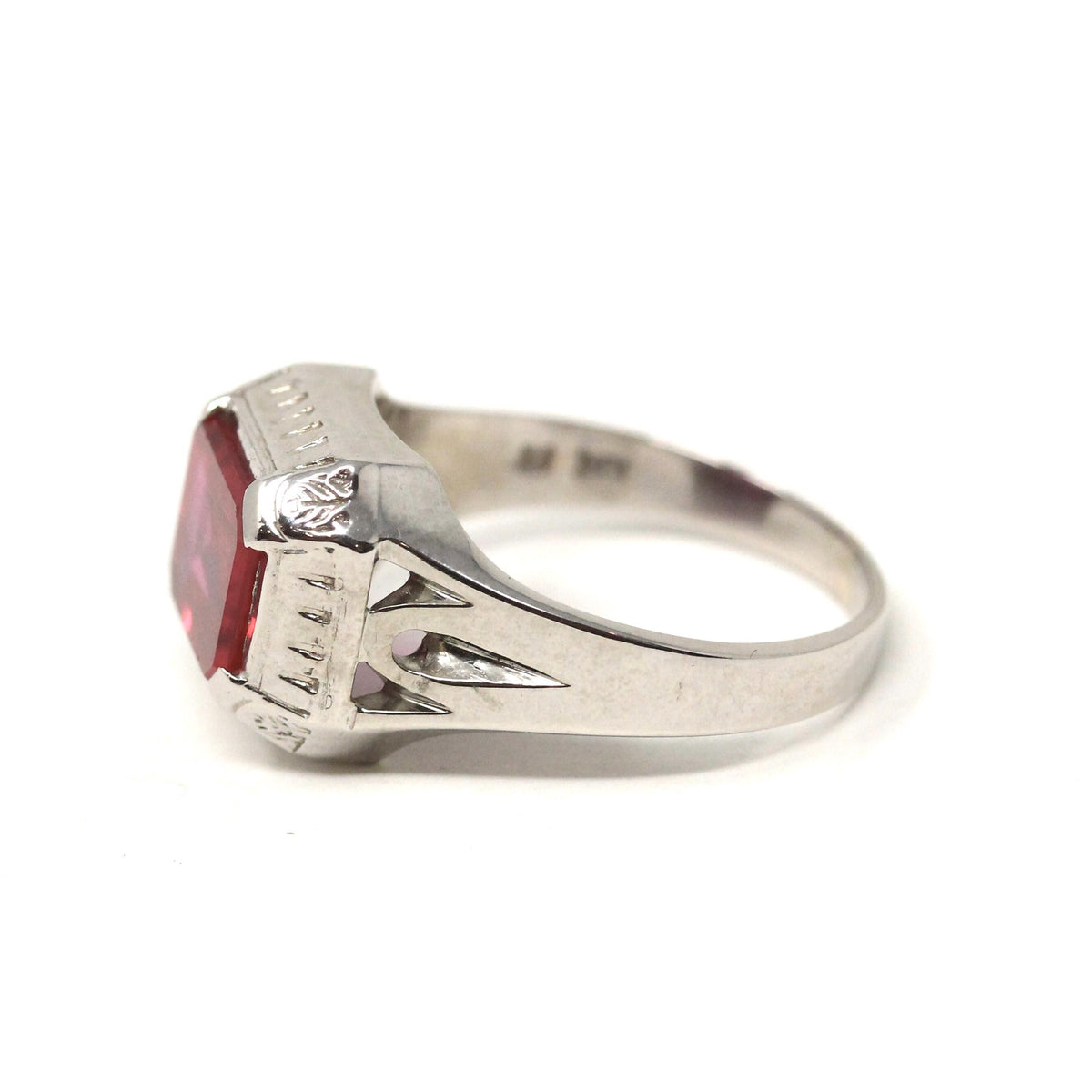 Art Deco Ring - 10k White Gold Emerald Cut Pink Red Created Ruby Gemstone - Vintage Circa 1930s Era Size 10 Unisex Fine Statement Jewelry
