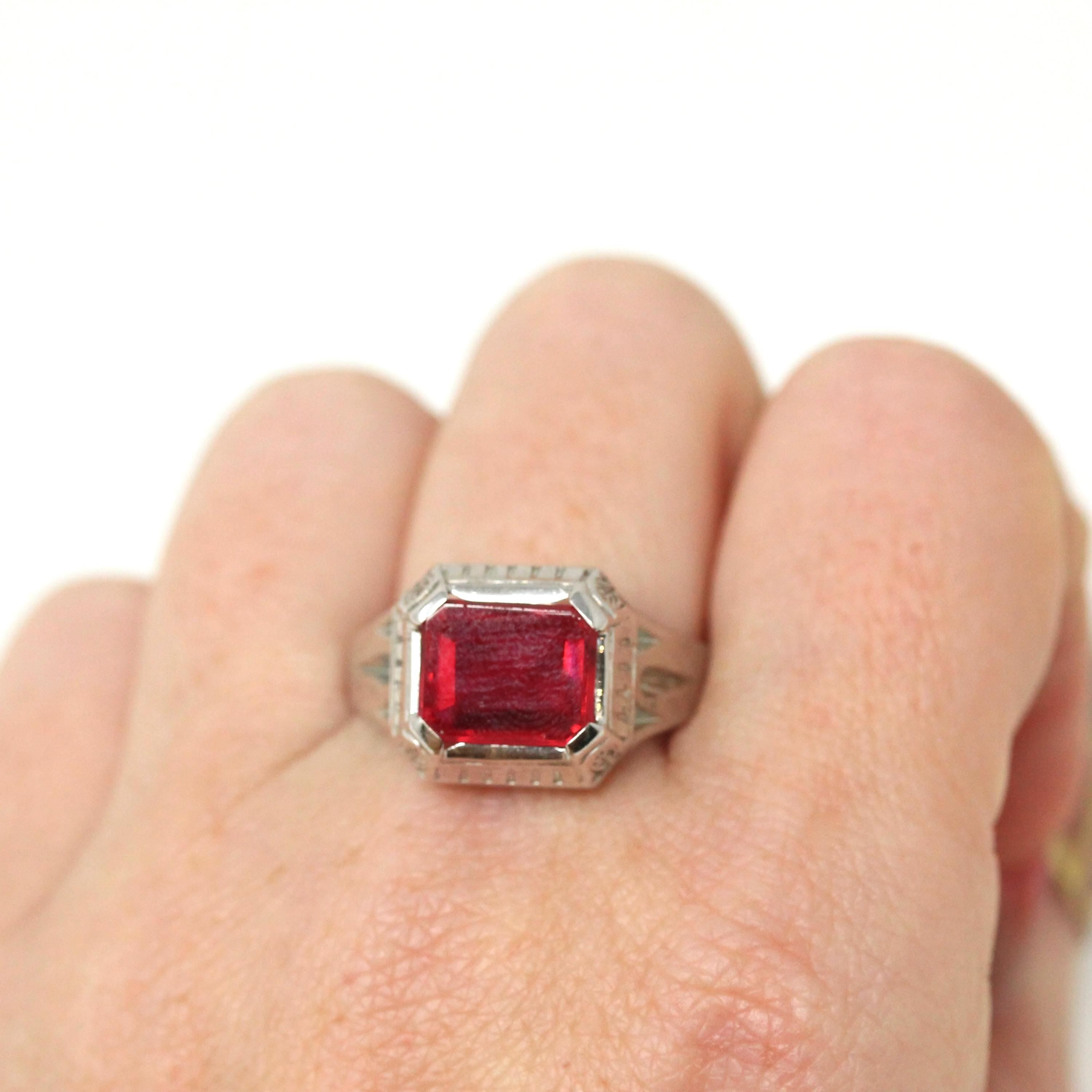 Art Deco Ring - 10k White Gold Emerald Cut Pink Red Created Ruby Gemstone - Vintage Circa 1930s Era Size 10 Unisex Fine Statement Jewelry
