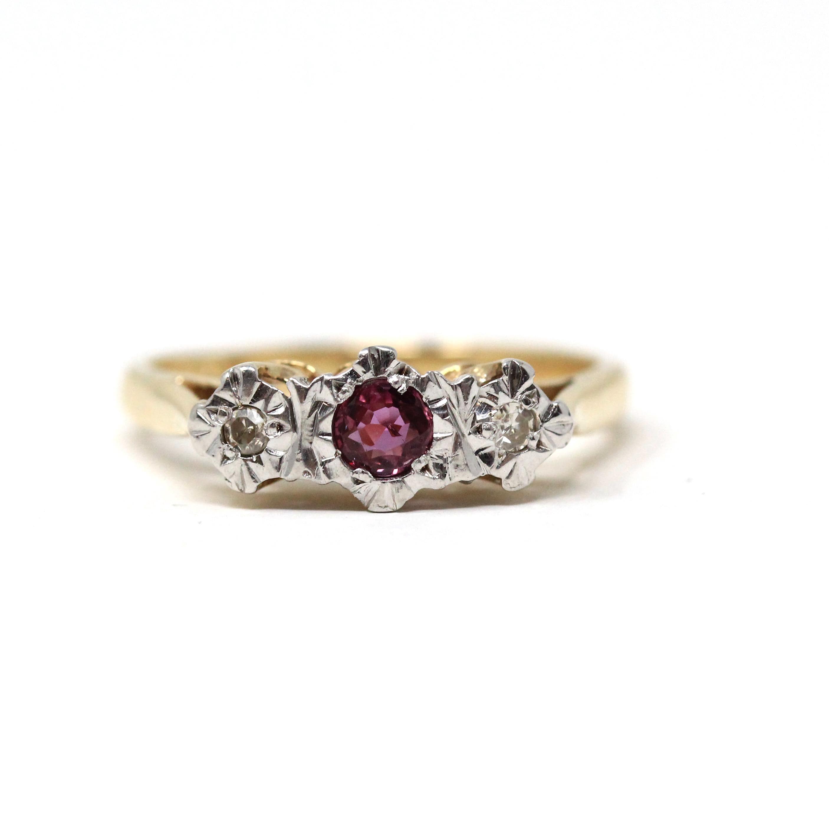 Vintage Three Stone Ring - Retro 9k Yellow White Gold Natural Red Ruby Diamond Band - Hallmarked 1977 Illusion Size 7 1/4 Fine Jewelry