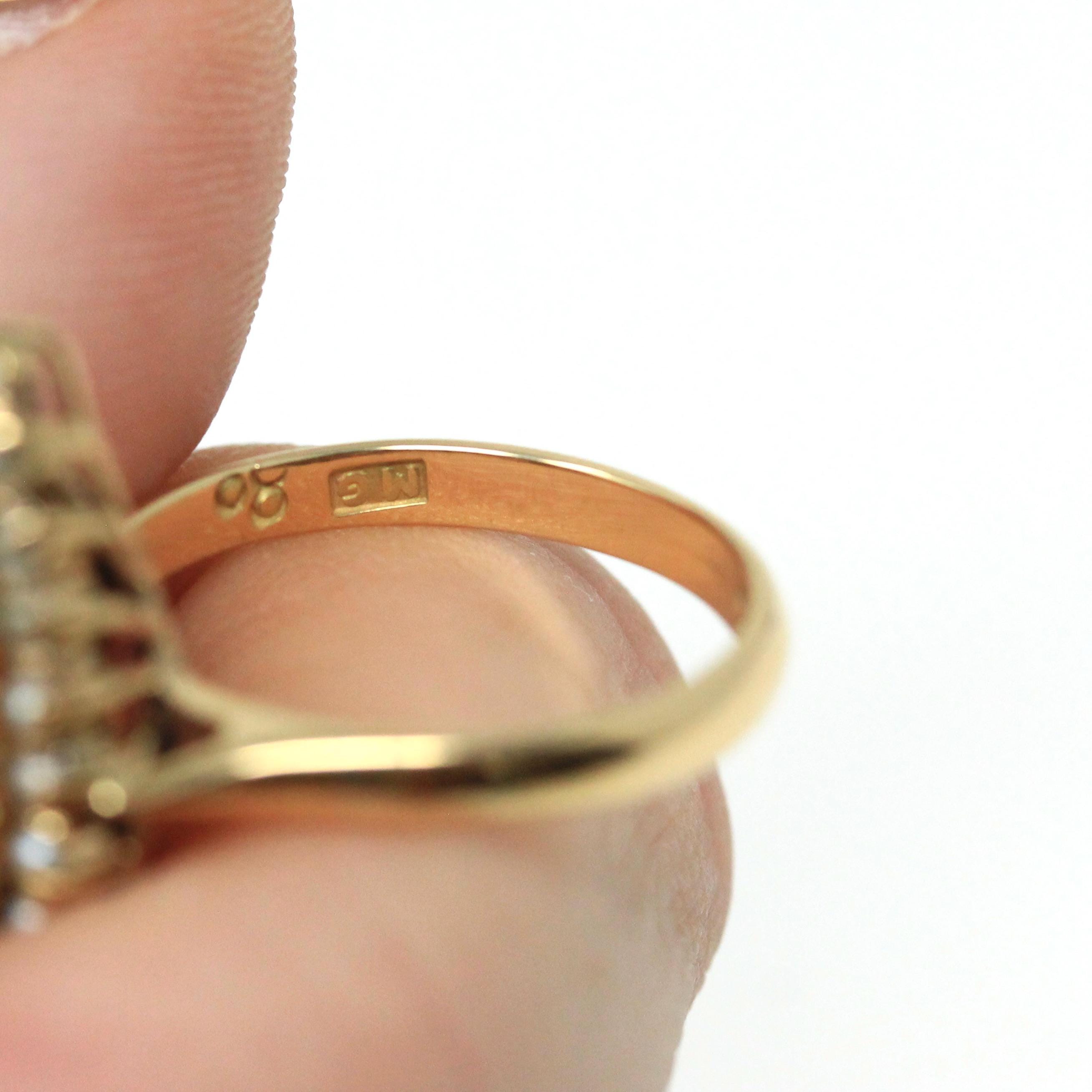 Chrysoprase Halo Ring - Vintage 14k Yellow Gold Natural Cabochon Green Navette Gem - Circa 1980s Retro Era Size 6 Pearl Accent Fine Jewelry