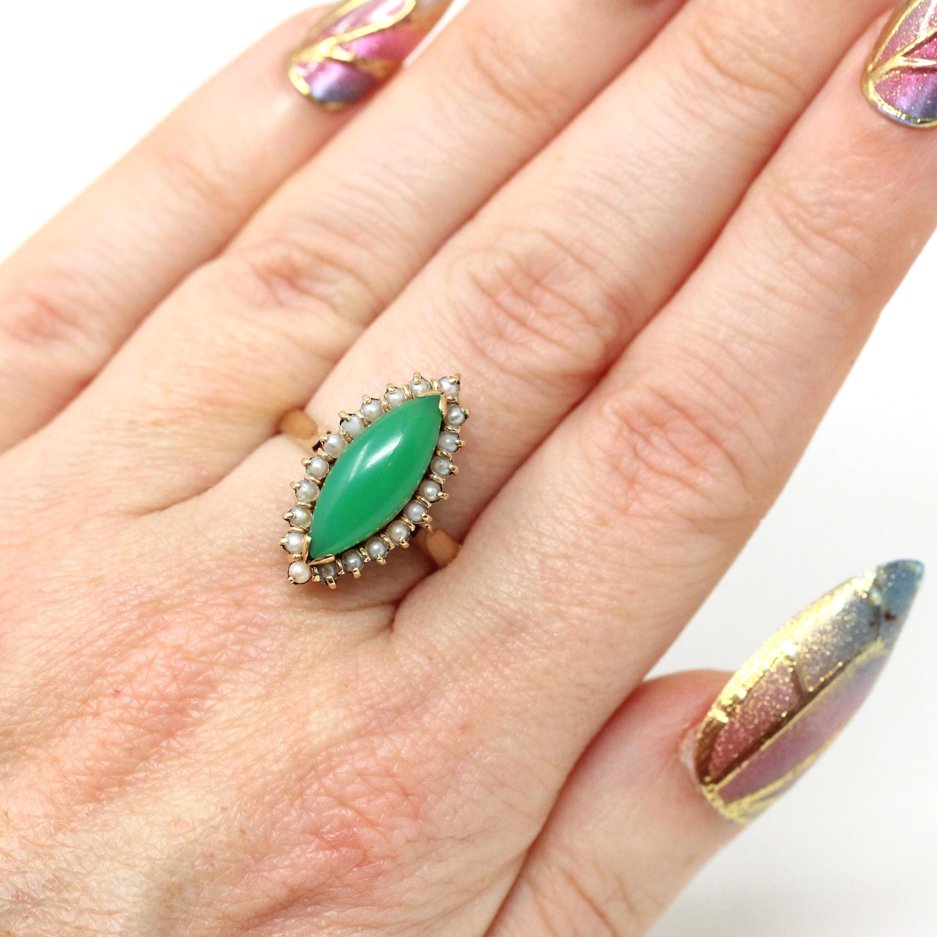 Chrysoprase Halo Ring - Vintage 14k Yellow Gold Natural Cabochon Green Navette Gem - Circa 1980s Retro Era Size 6 Pearl Accent Fine Jewelry