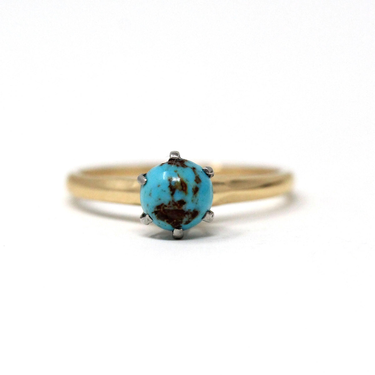 Vintage Turquoise Ring - Mid Century 14k Yellow Gold & Platinum Round Cabochon Cut Gem - Circa 1950s Era Size 4 1/4 Fine Statement Jewelry