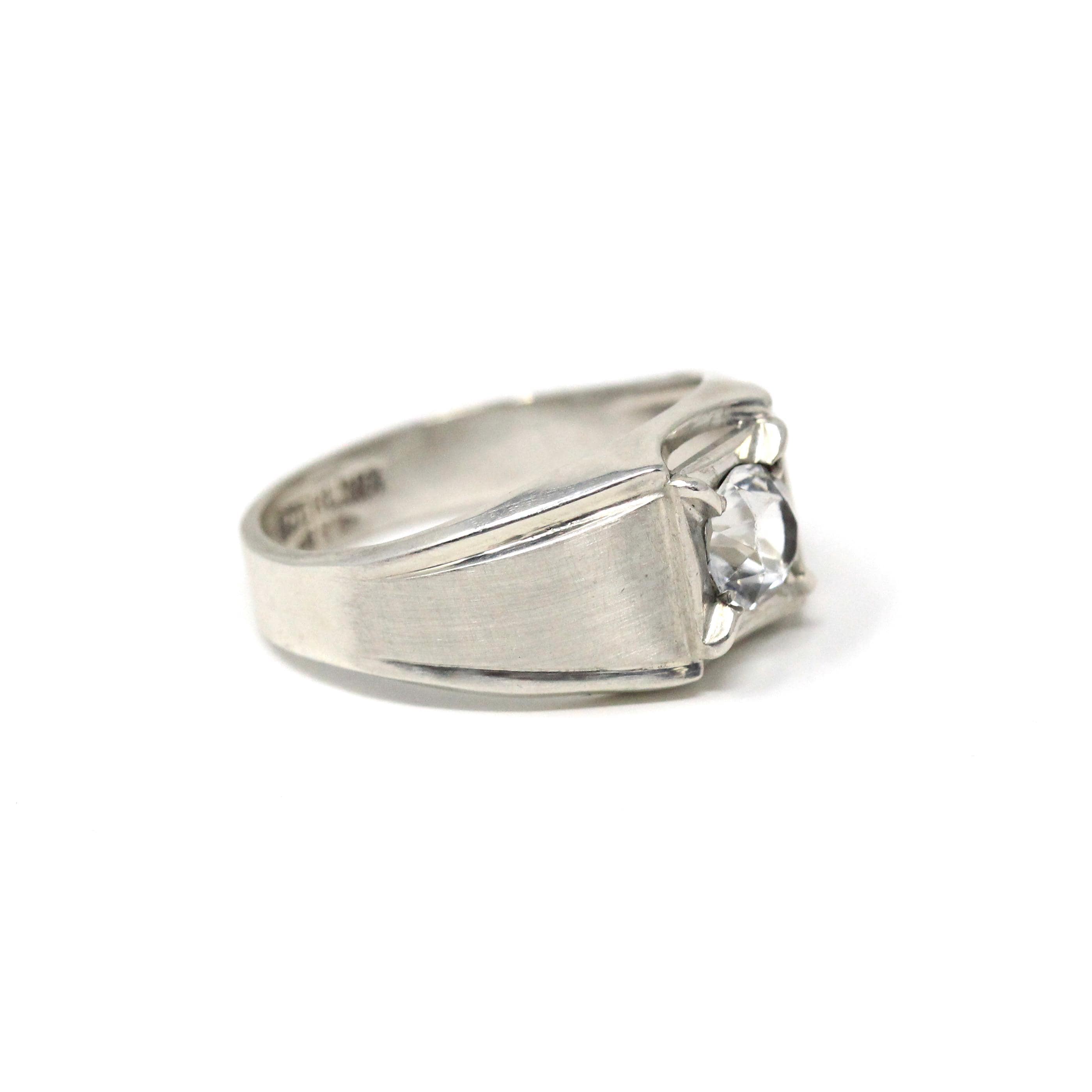 Mid Century Ring - Vintage Sterling Silver Simulated Diamond White Glass Gemstone - Circa 1950s Era Size 11 Men's Unisex Statement Jewelry