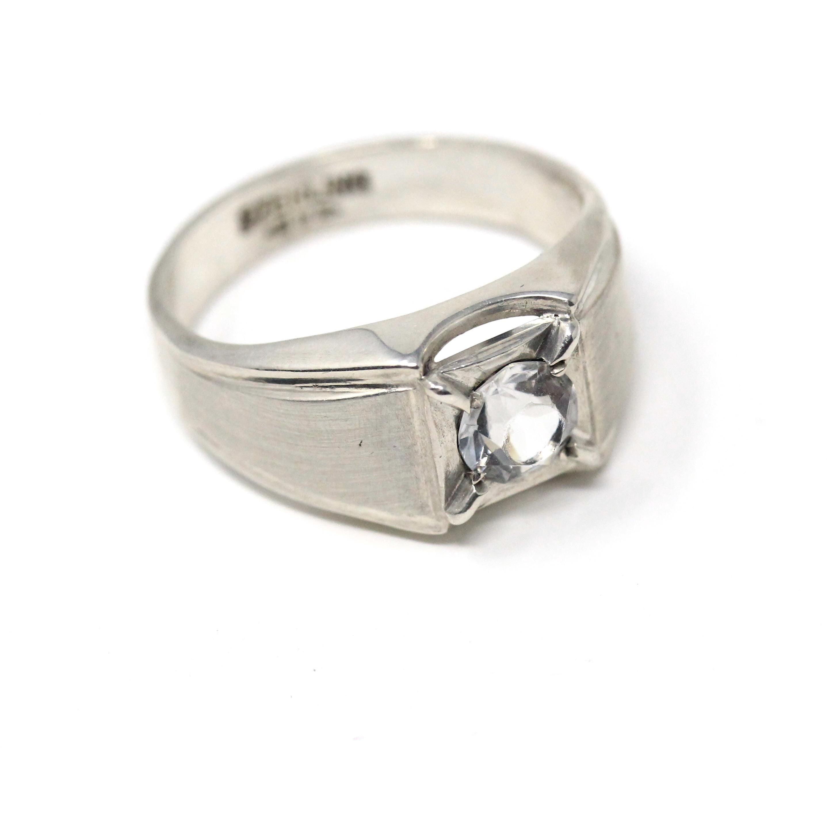 Mid Century Ring - Vintage Sterling Silver Simulated Diamond White Glass Gemstone - Circa 1950s Era Size 11 Men's Unisex Statement Jewelry