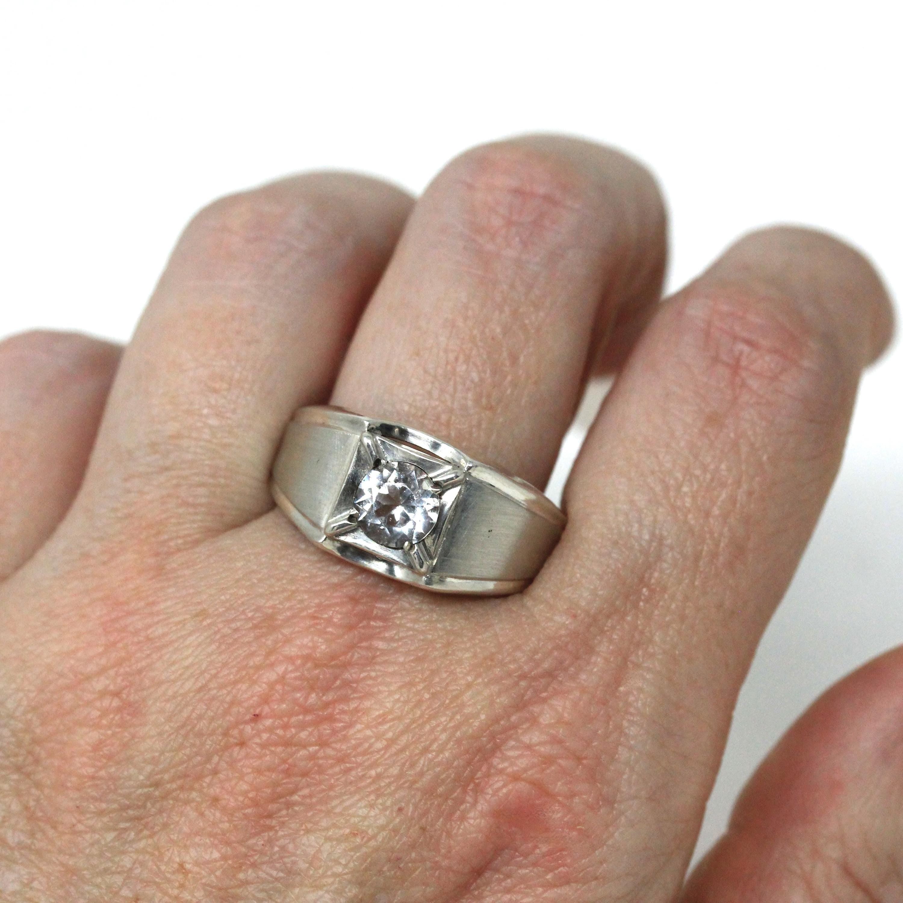 Mid Century Ring - Vintage Sterling Silver Simulated Diamond White Glass Gemstone - Circa 1950s Era Size 11 Men's Unisex Statement Jewelry