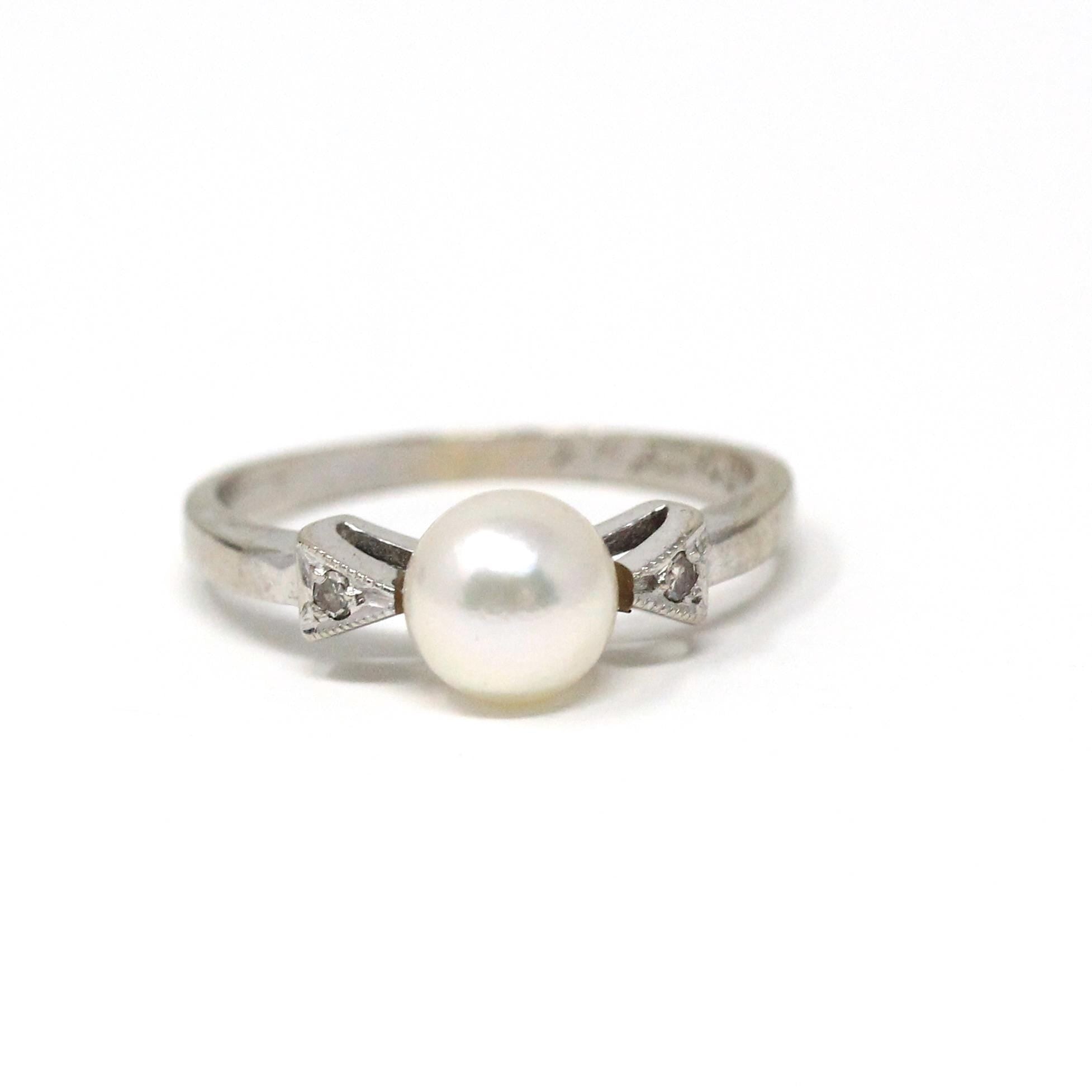 Vintage Pearl Ring - Retro 14k White Gold Cultured Organic Gemstone Natural Diamonds - Circa 1960s Size 6 1/4 Scalle June Birthstone Jewelry